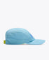 hoka running cap for all gender, lightweight breathable running cap, light blue and darker blue logo, side of hat