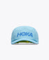 hoka running cap for all gender, lightweight breathable running cap, light blue and darker blue logo, front of hat