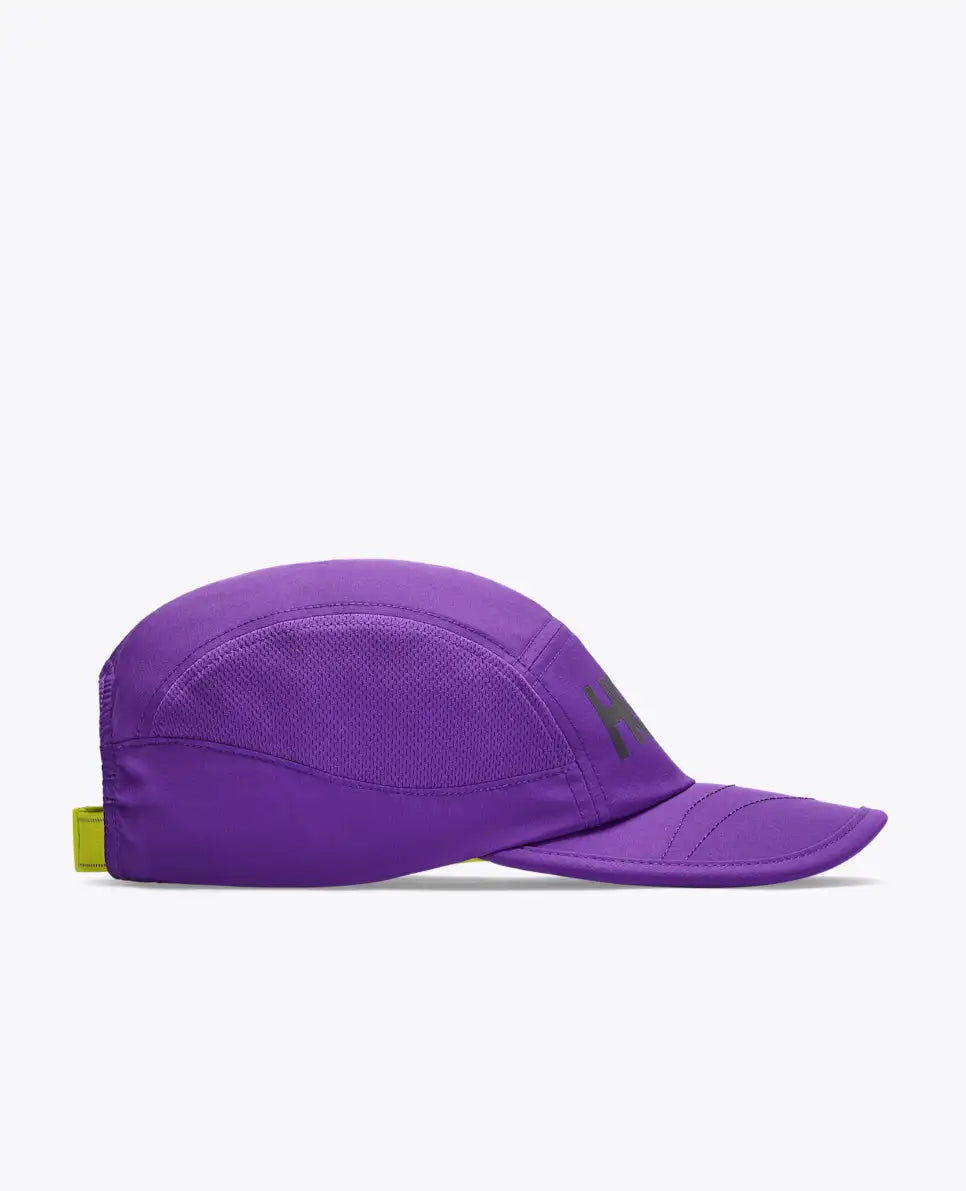 hoka running cap for all gender, lightweight breathable running cap, purple and black, side profile of hat