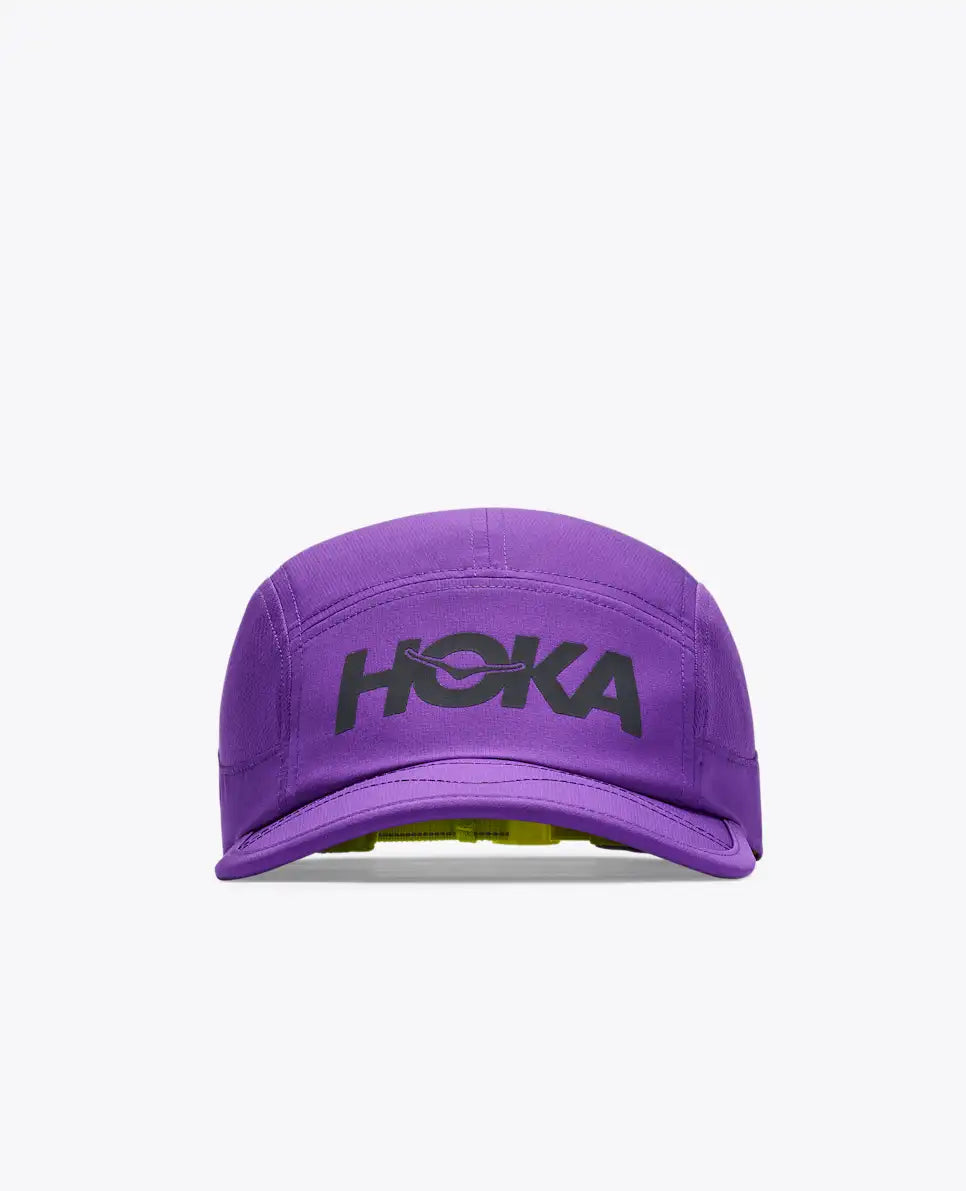 hoka running cap for all gender, lightweight breathable running cap, light purple and black, front of hat