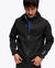 close up of man wearing hoka skybreeze waterproof jacket, light waterproof gtx jacket for running, black colour with reflective details