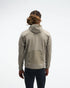 hoka men's skyglow half zip running top,  water resistant, stretchy long-sleeve pull over with a hood, light grey colour, back view of model wearing half-zip with black trousers on a white background