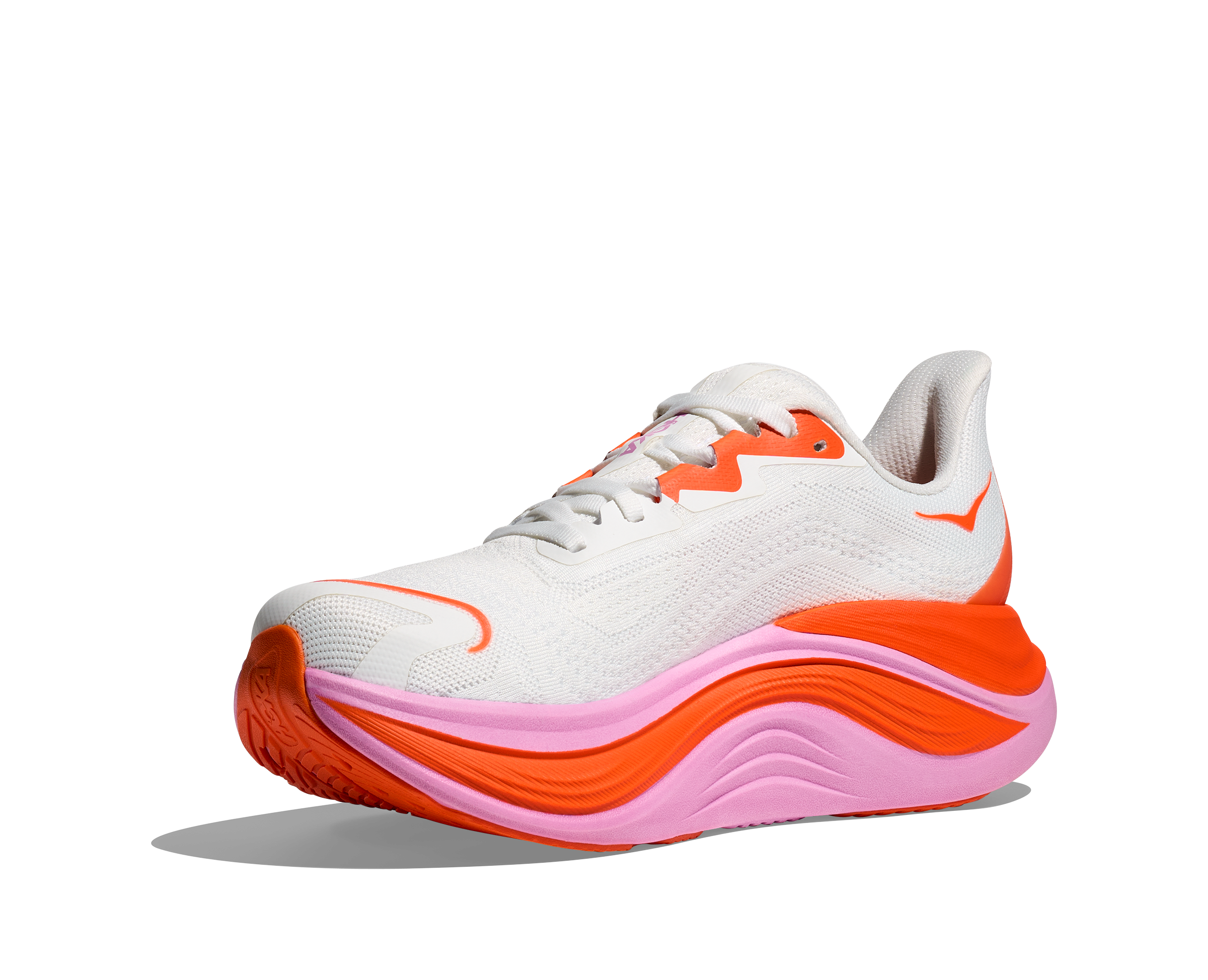 Hoka skyward x for women, super cushioned carbon plated running shoe, white colour with orange and pink details, inside angled profile 