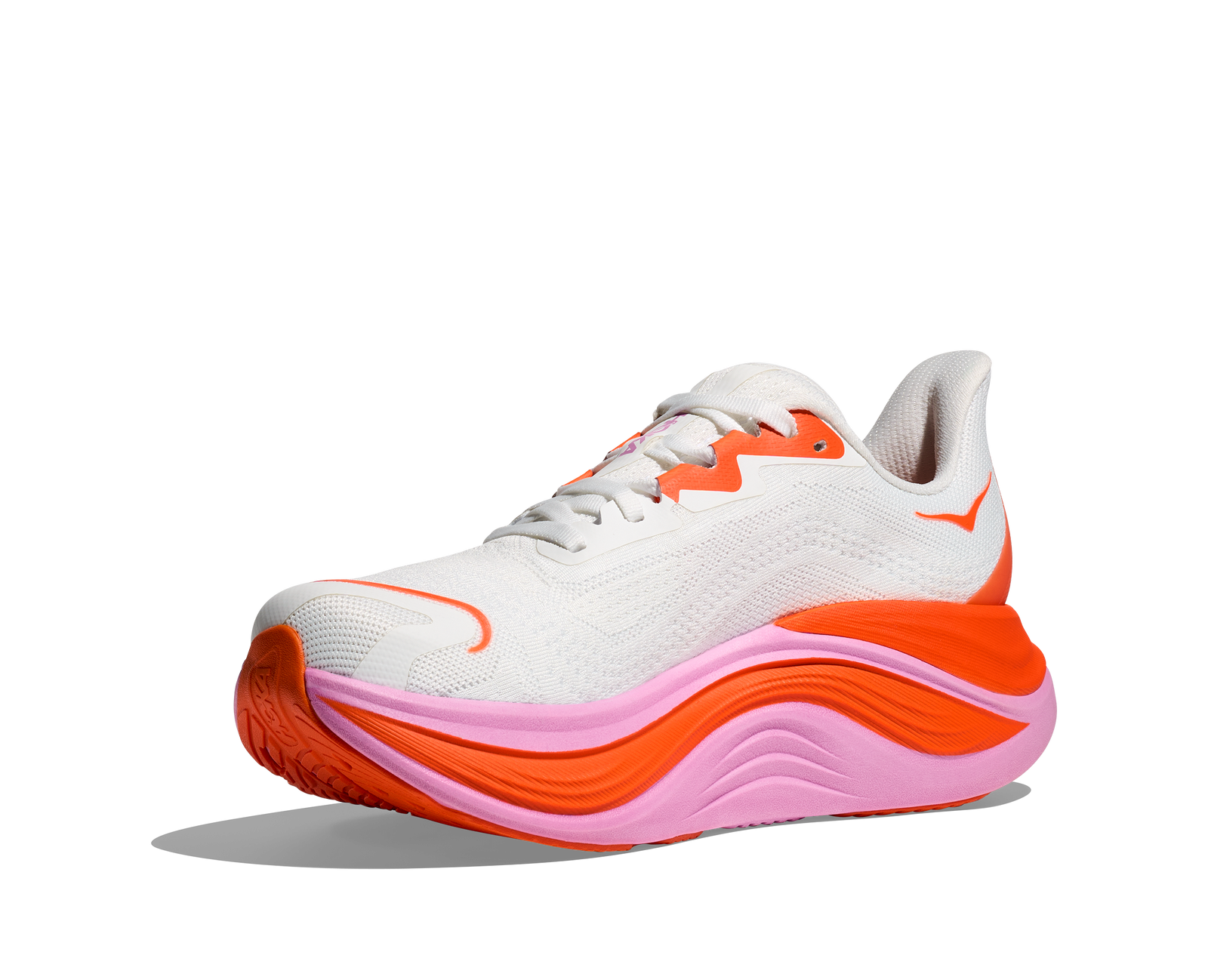 Hoka skyward x for women, super cushioned carbon plated running shoe, white colour with orange and pink details, inside angled profile 