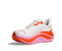 Hoka skyward x for women, super cushioned carbon plated running shoe, white colour with orange and pink details, inside angled profile 