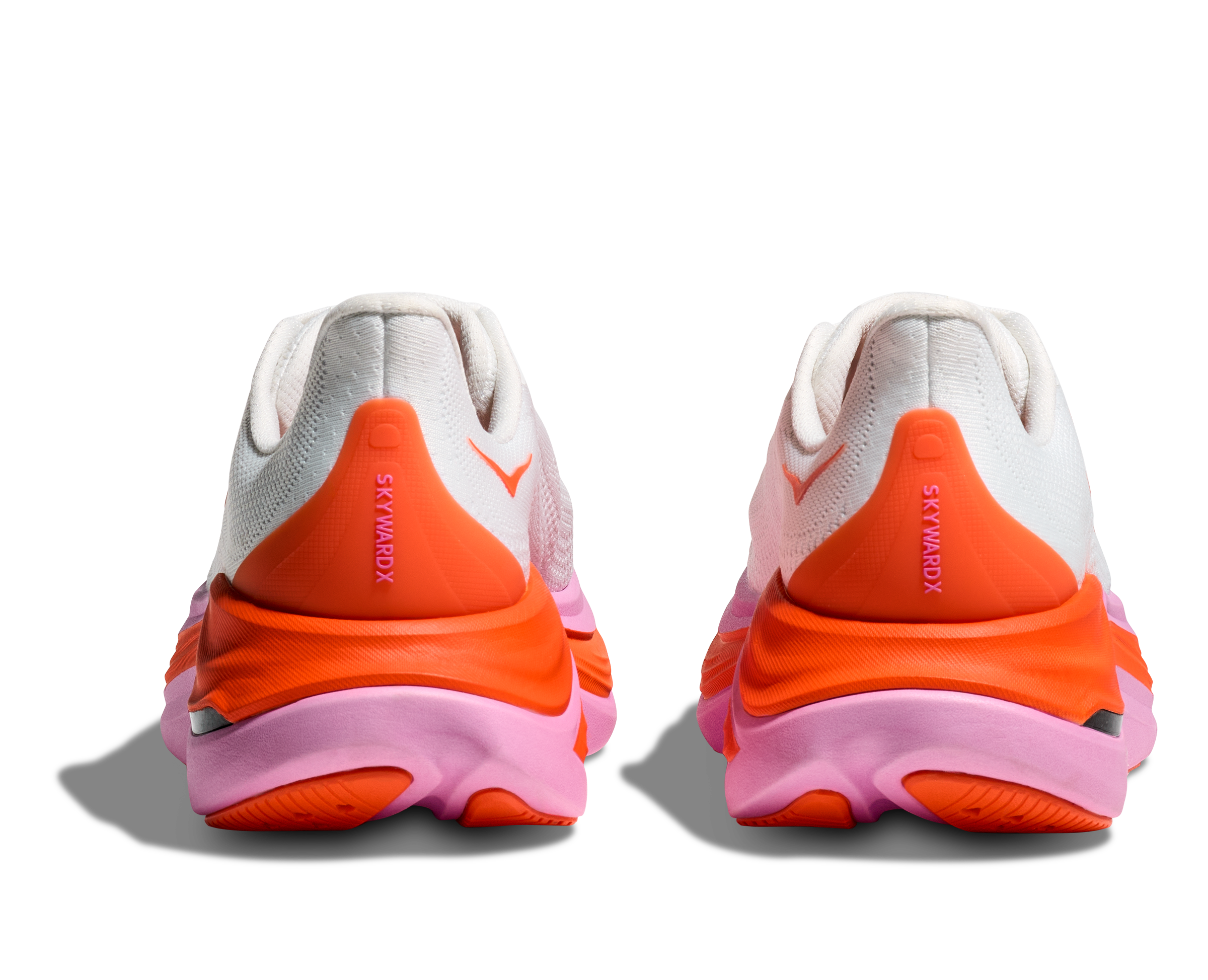 Hoka skyward x for women, super cushioned carbon plated running shoe, white colour with orange and pink details, heel of shoe