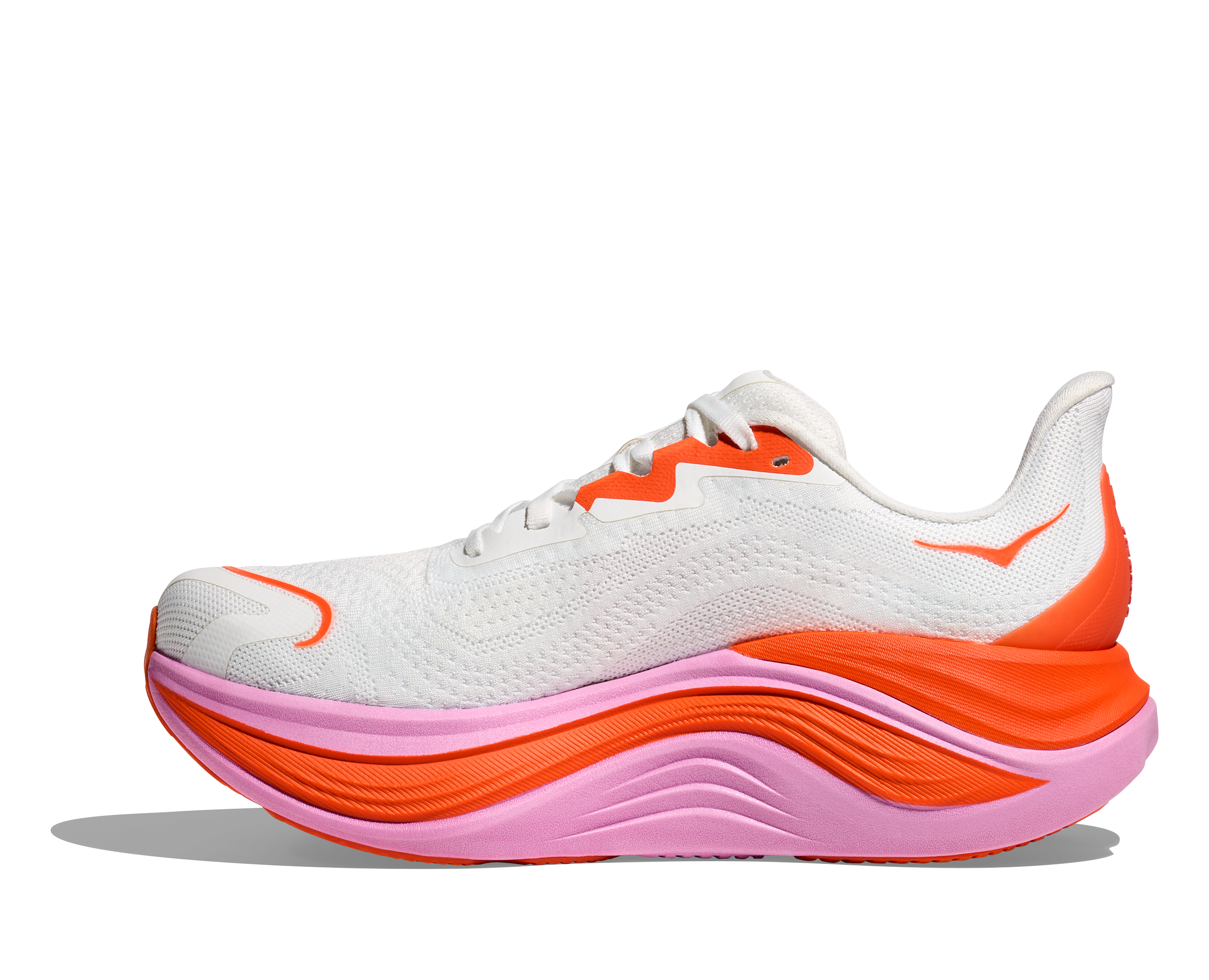 Hoka skyward x for women, super cushioned carbon plated running shoe, white colour with orange and pink details, inside profile of shoe