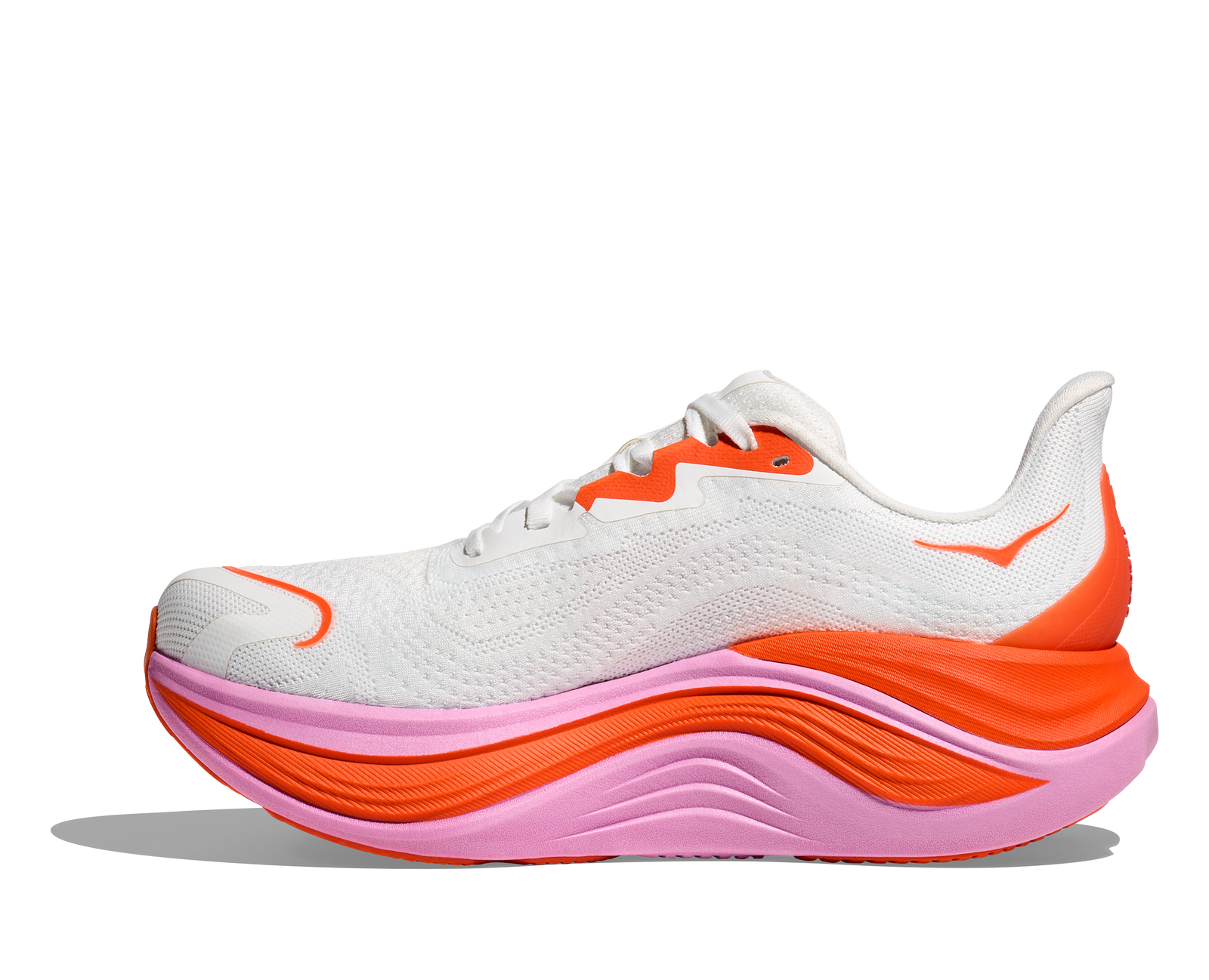 Hoka skyward x for women, super cushioned carbon plated running shoe, white colour with orange and pink details, inside profile of shoe