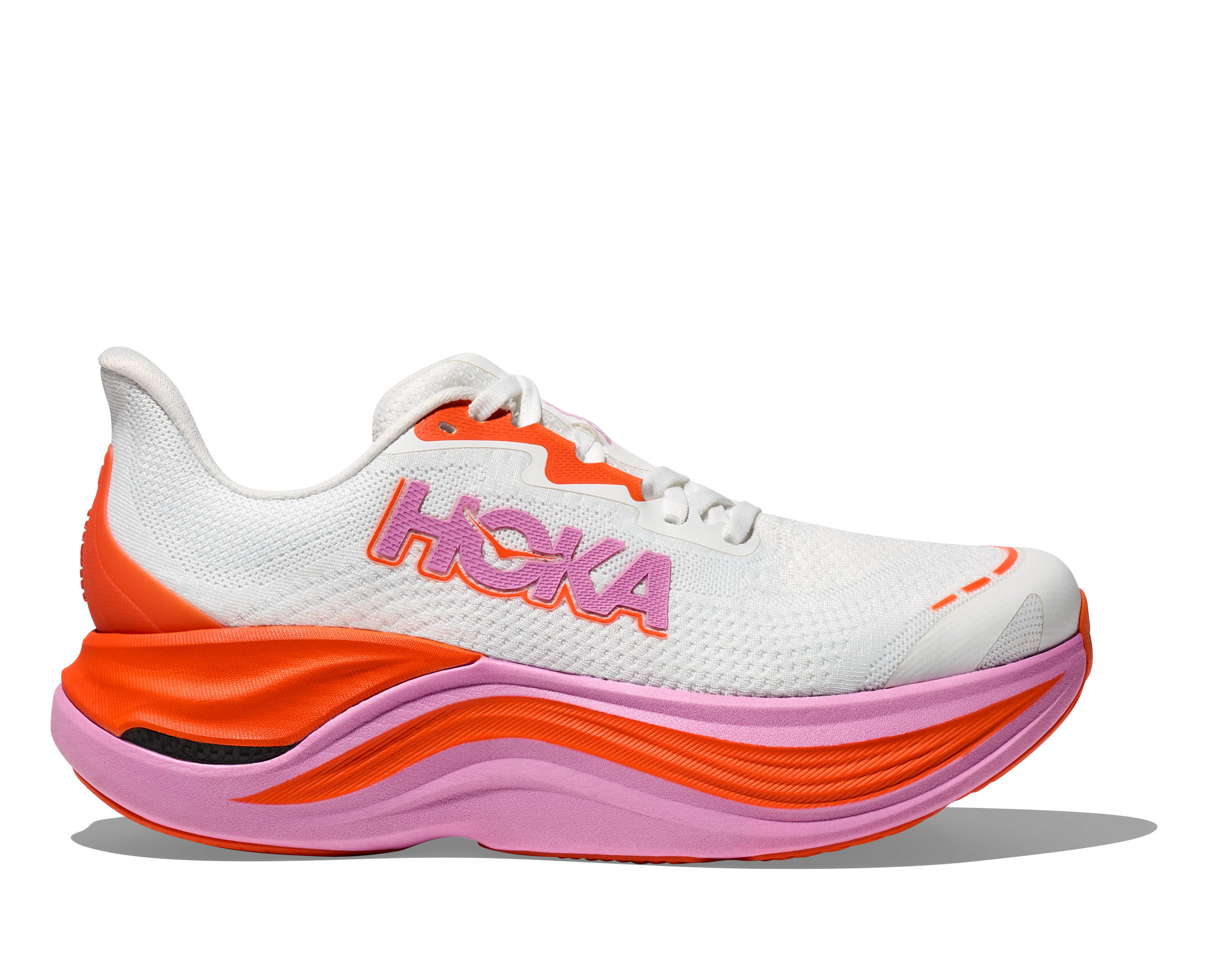Hoka skyward x for women, super cushioned carbon plated running shoe, white colour with orange and pink details, side profile of shoe