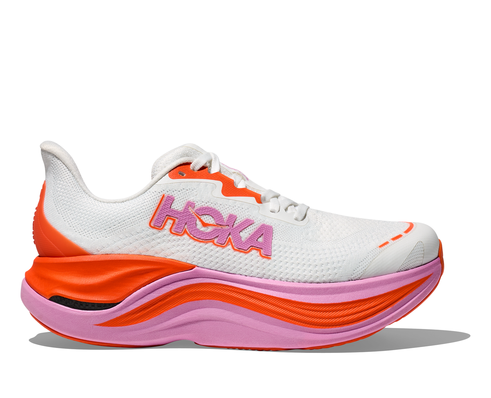 Hoka skyward x for women, super cushioned carbon plated running shoe, white colour with orange and pink details, side profile of shoe