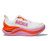 Hoka skyward x for women, super cushioned carbon plated running shoe, white colour with orange and pink details, side profile of shoe