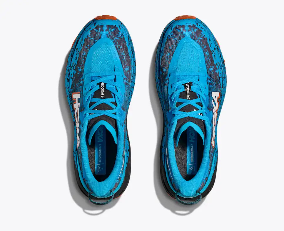 top view of hoka speedgoat trail running shoe mens blue black orange