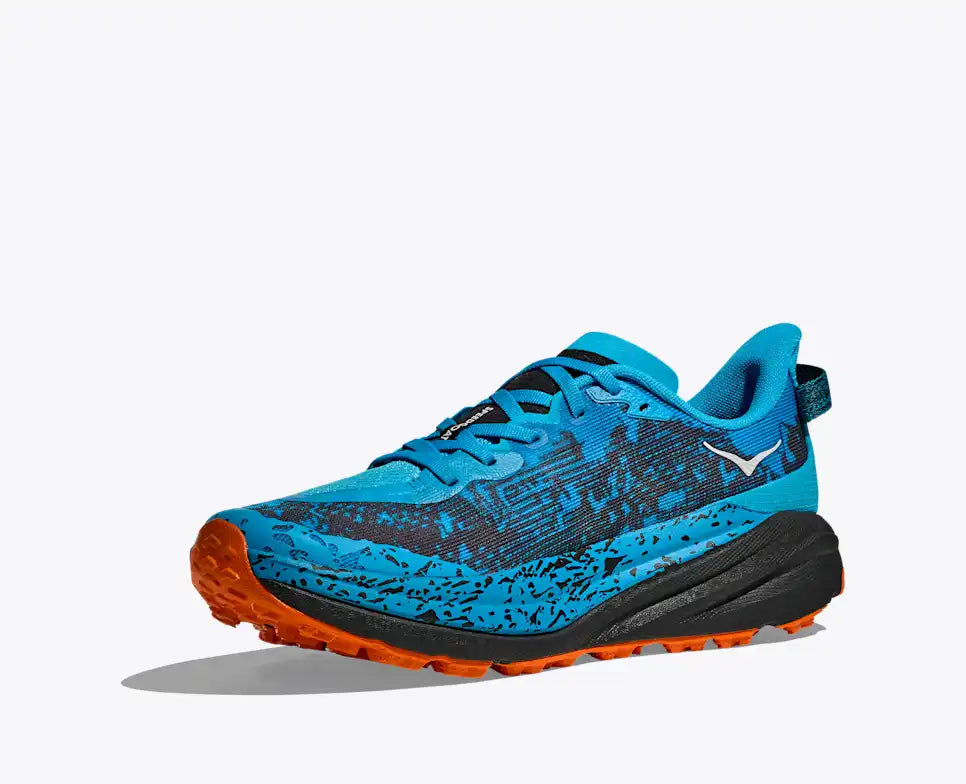 diagonal view of hoka speedgoat trail running shoe mens blue black orange