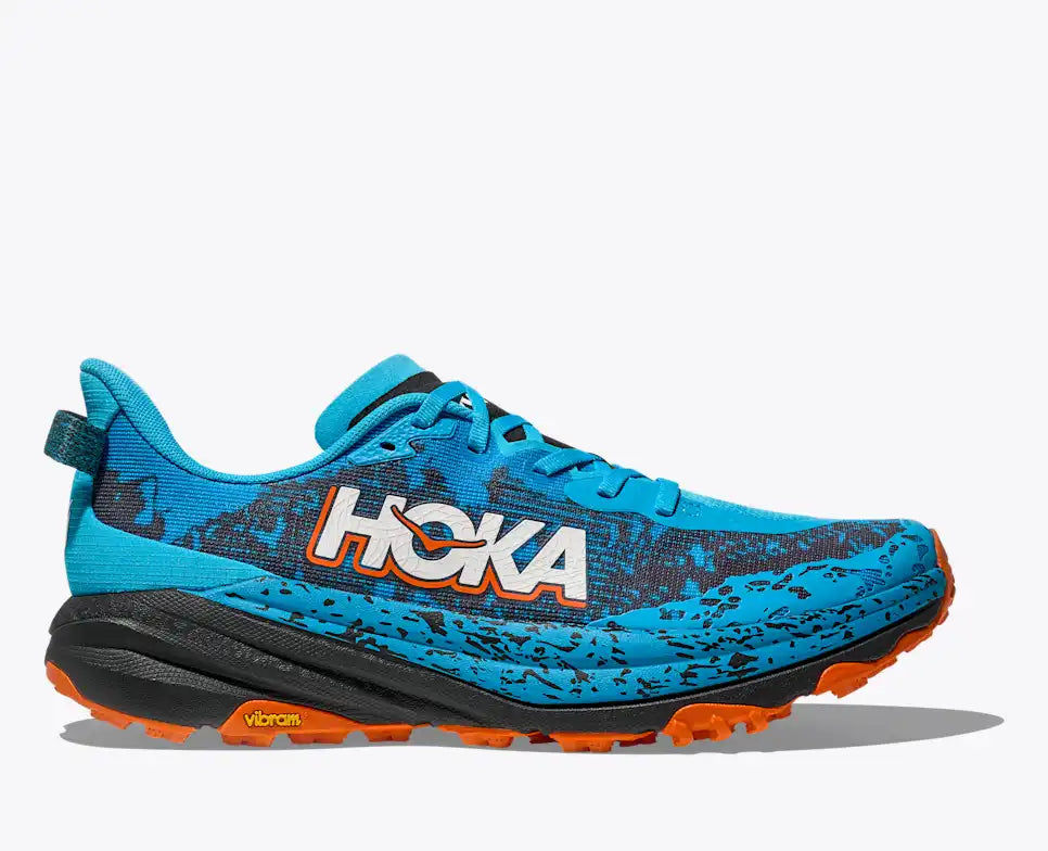 side view of hoka speedgoat trail running shoe mens blue black orange