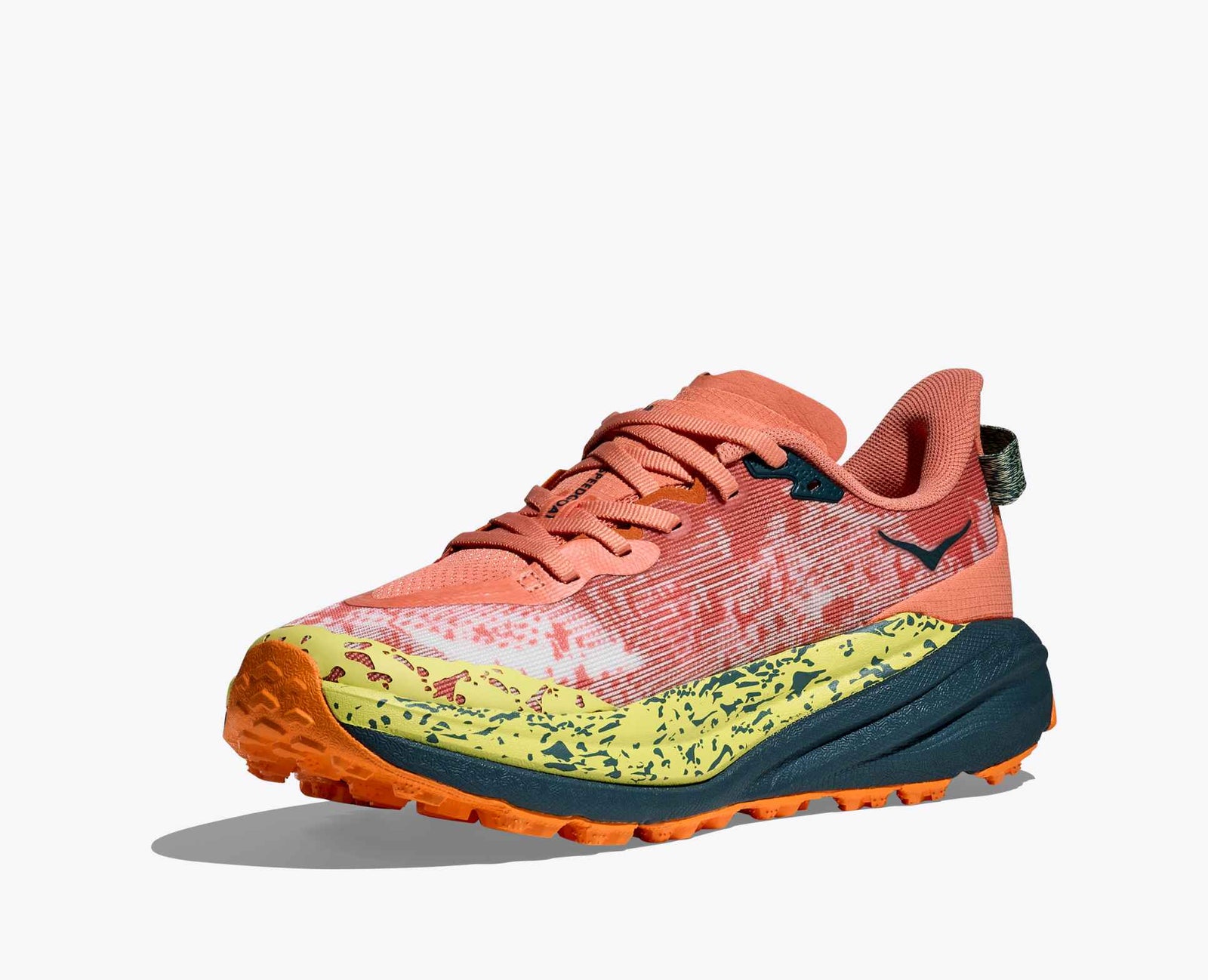 orange hoka running shoe with yellow and black details