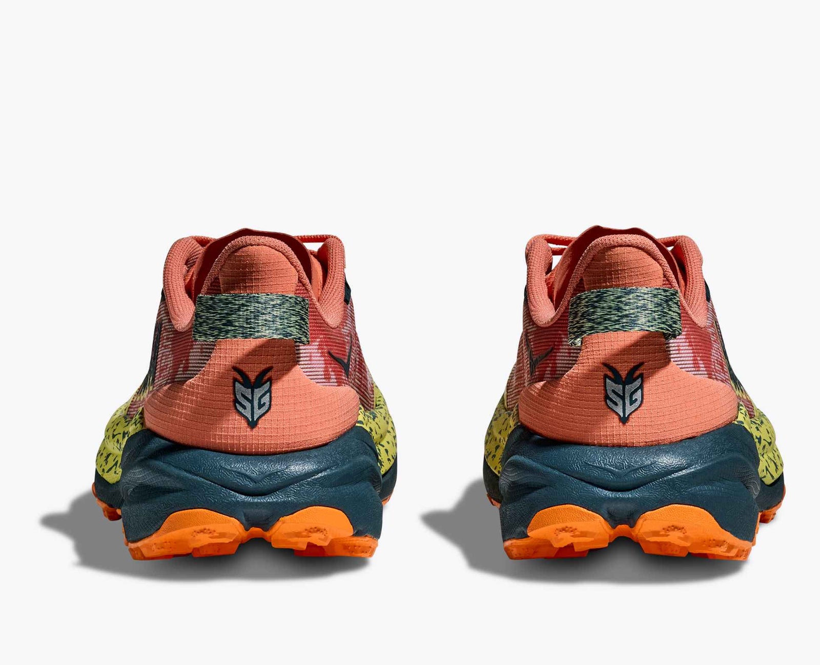 orange hoka running shoe with black details