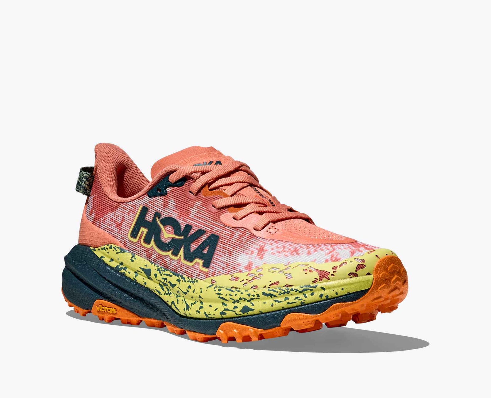 orange hoka running shoe with yellow and black details and black hoka logo