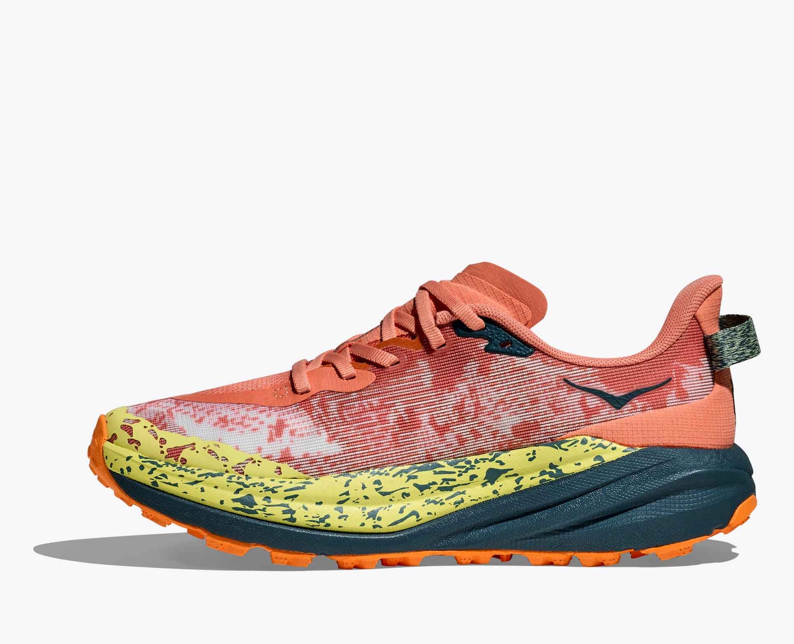 orange hoka running shoe with yellow and black details and black hoka bird logo