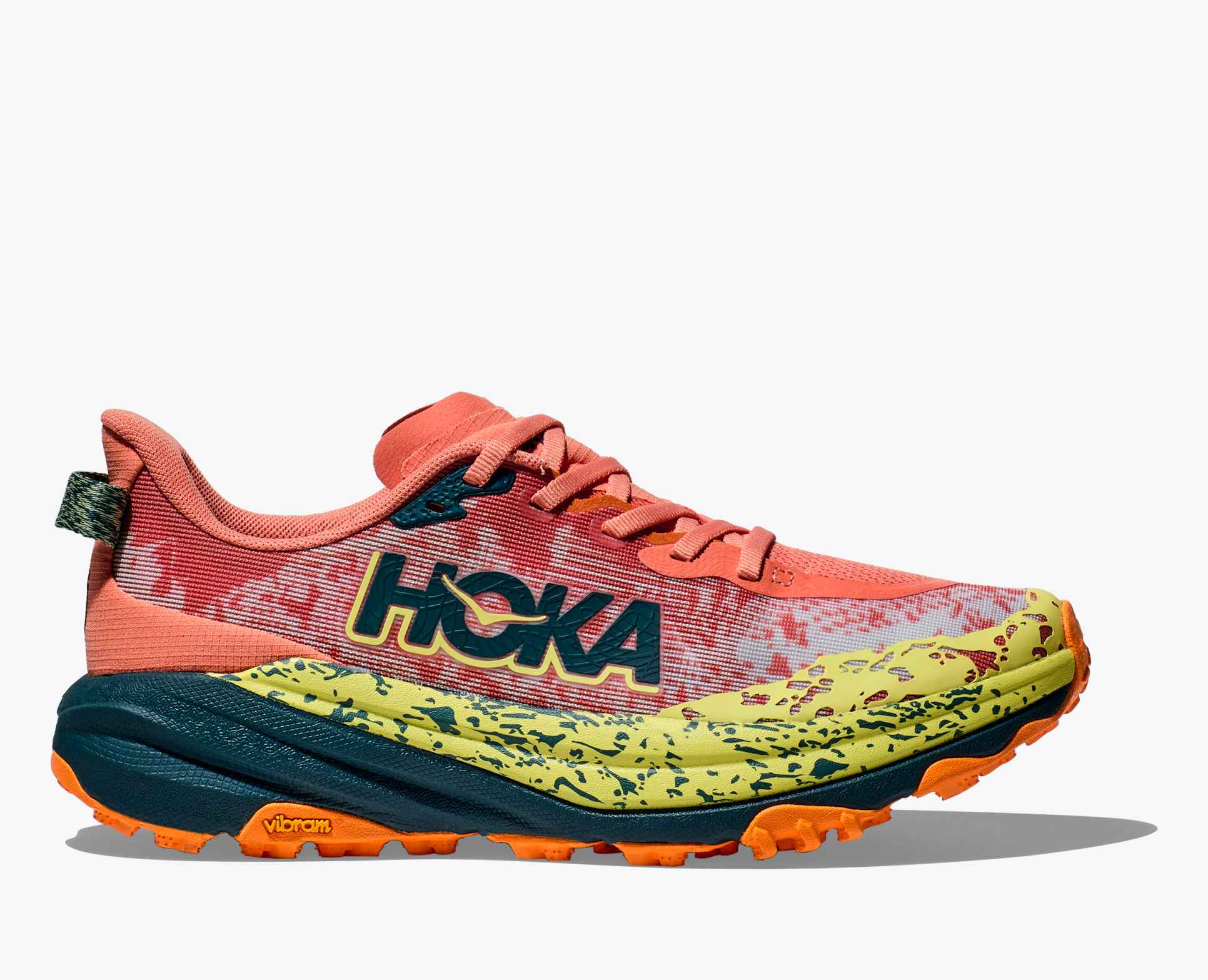 orange hoka running shoe with yellow and black details and black hoka logo