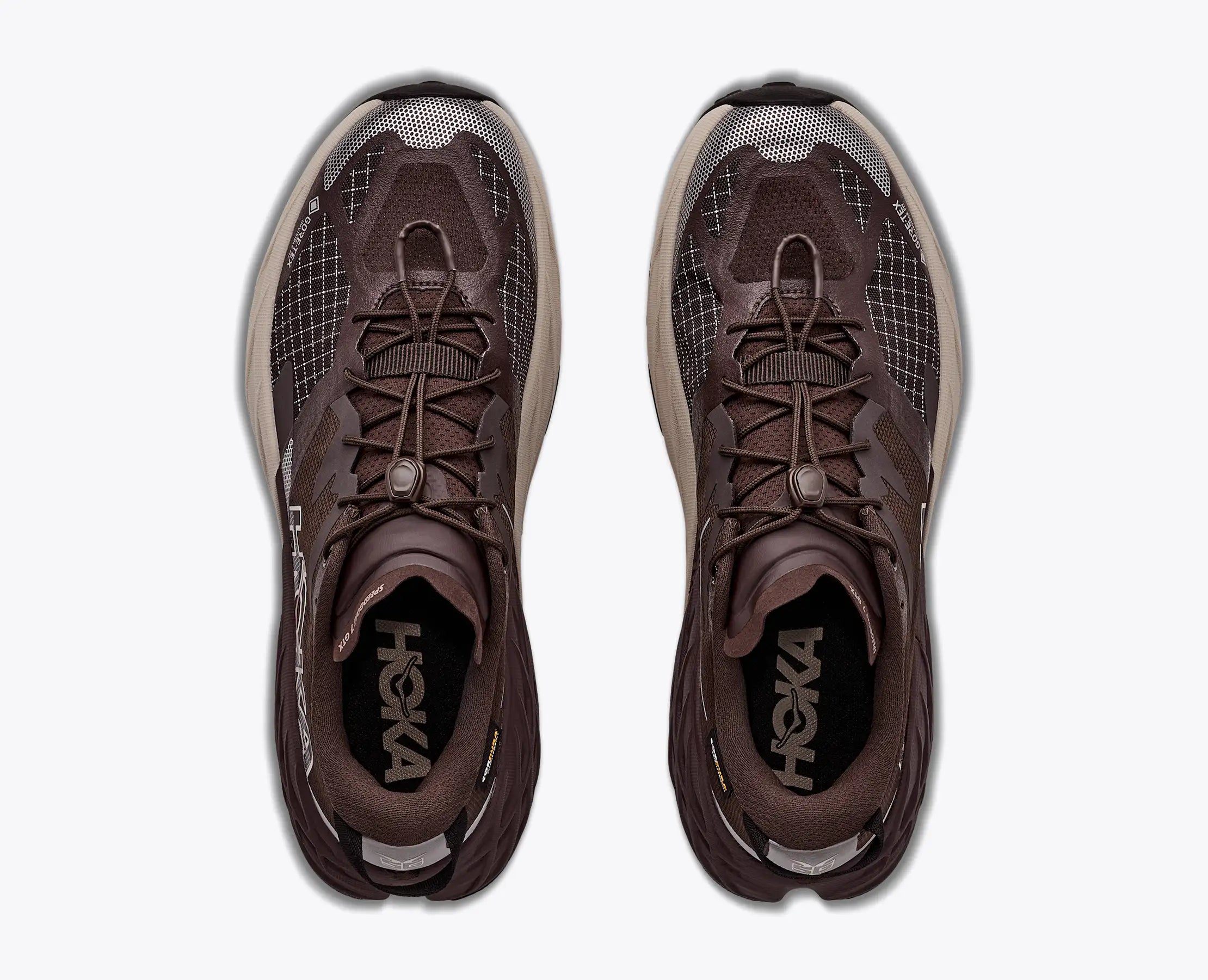 hoka speedgoat gtx 7 mens, waterproof technical trail shoe, brown with tan details, top down of shoes