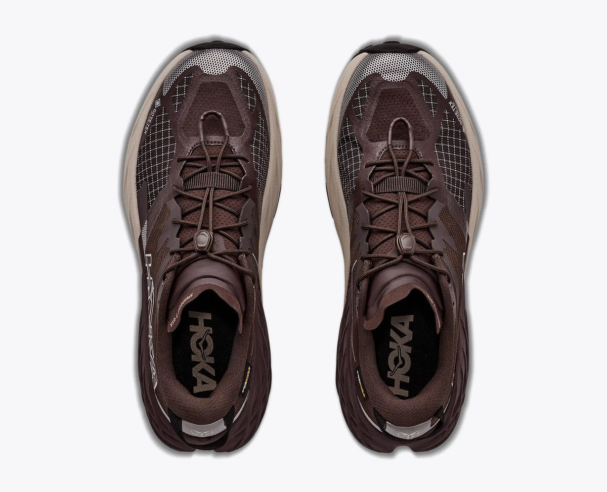 hoka speedgoat gtx 7 mens, waterproof technical trail shoe, brown with tan details, top down of shoes