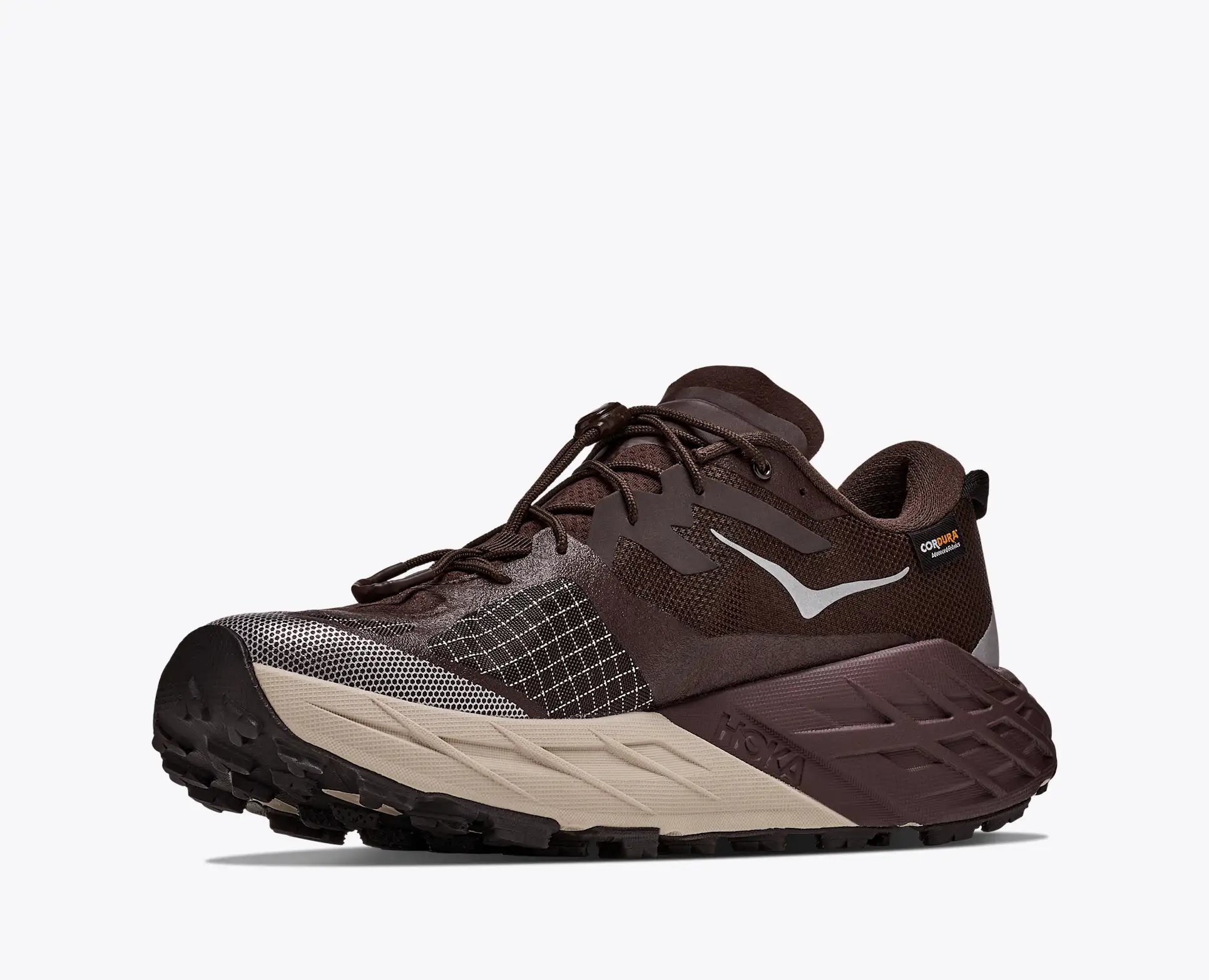 hoka speedgoat gtx 7 mens, waterproof technical trail shoe, brown with tan details, inside profile of shoe