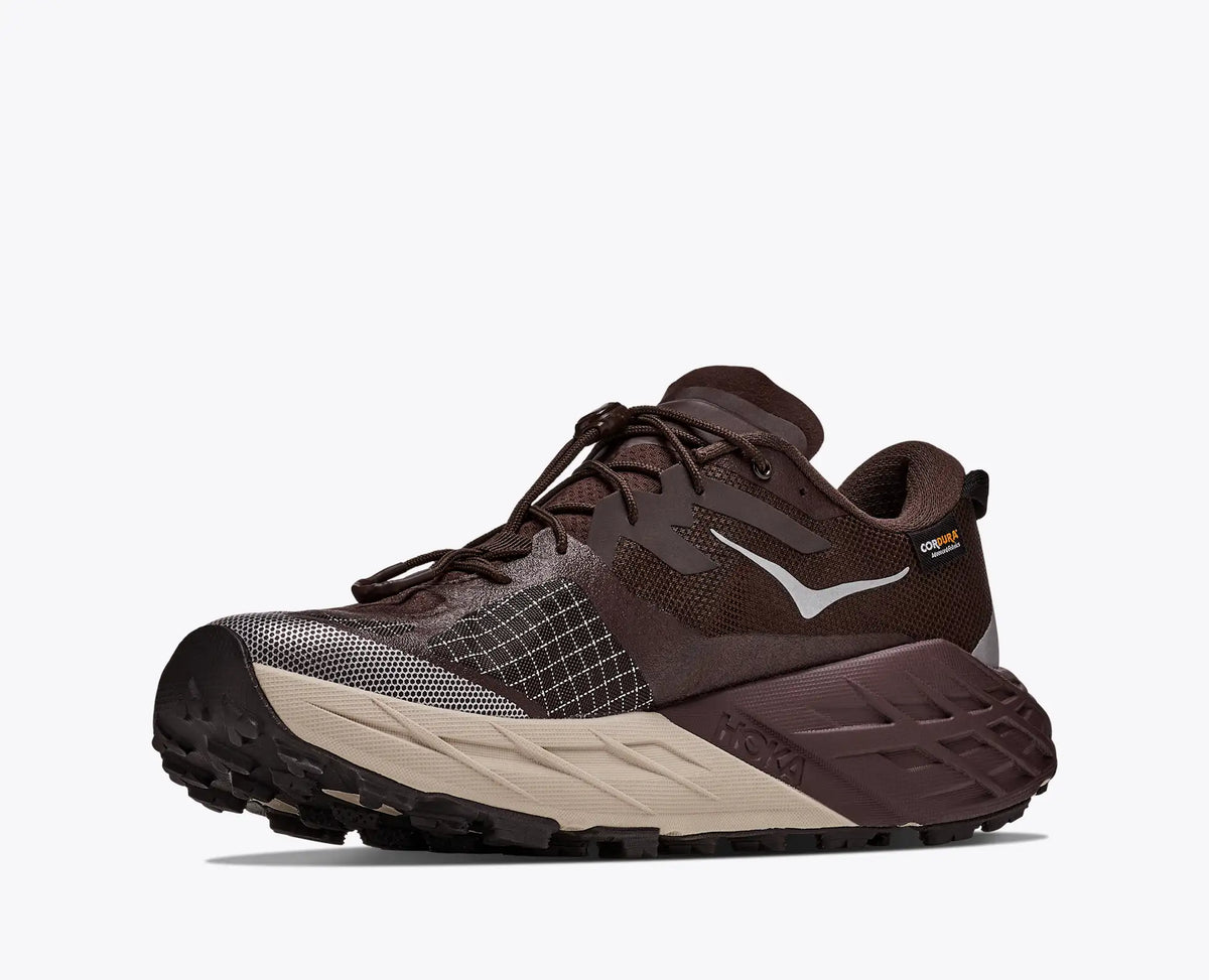 hoka speedgoat gtx 7 mens, waterproof technical trail shoe, brown with tan details, inside profile of shoe
