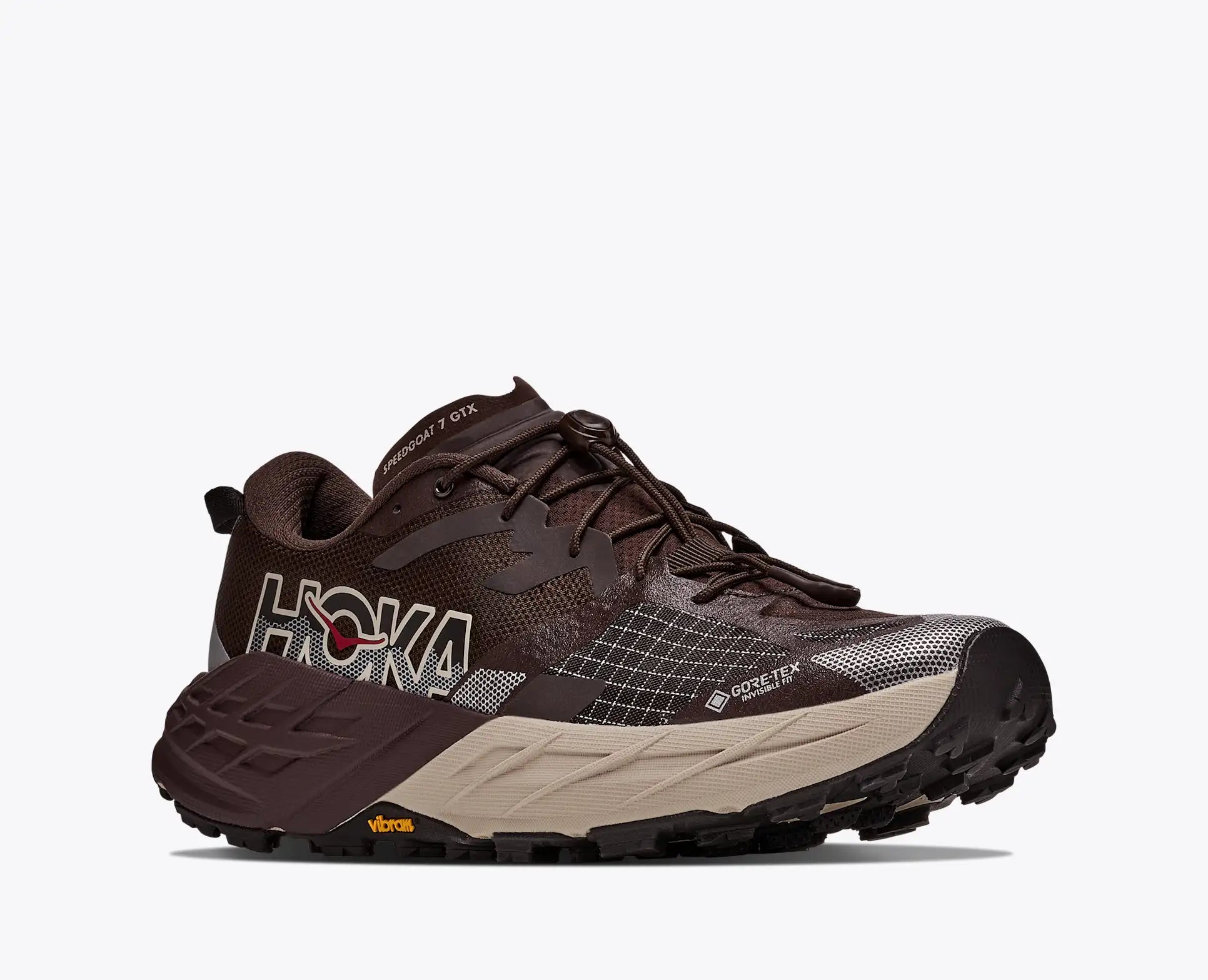 hoka speedgoat gtx 7 mens, waterproof technical trail shoe, brown with tan details, outside profile of shoe