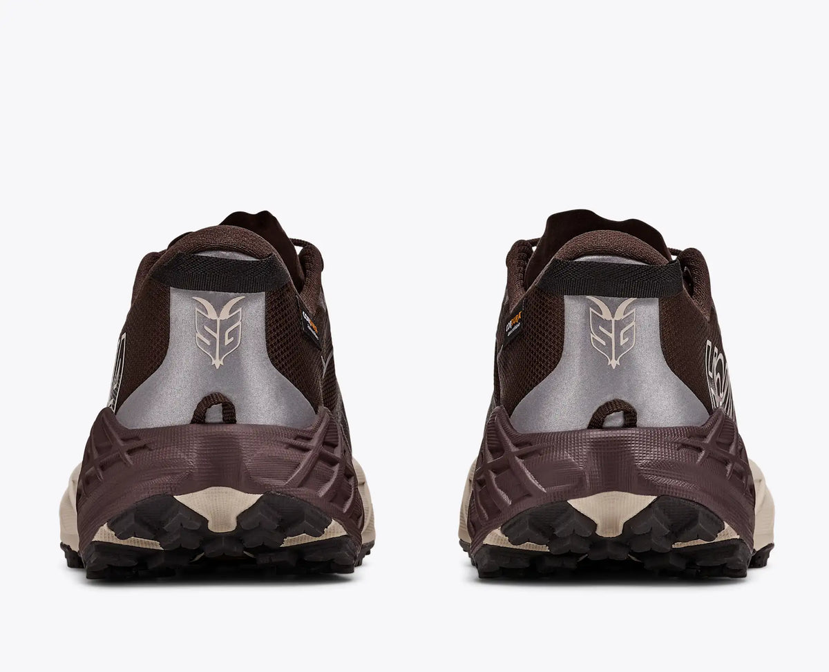 hoka speedgoat gtx 7 mens, waterproof technical trail shoe, brown with tan details, heels of shoes