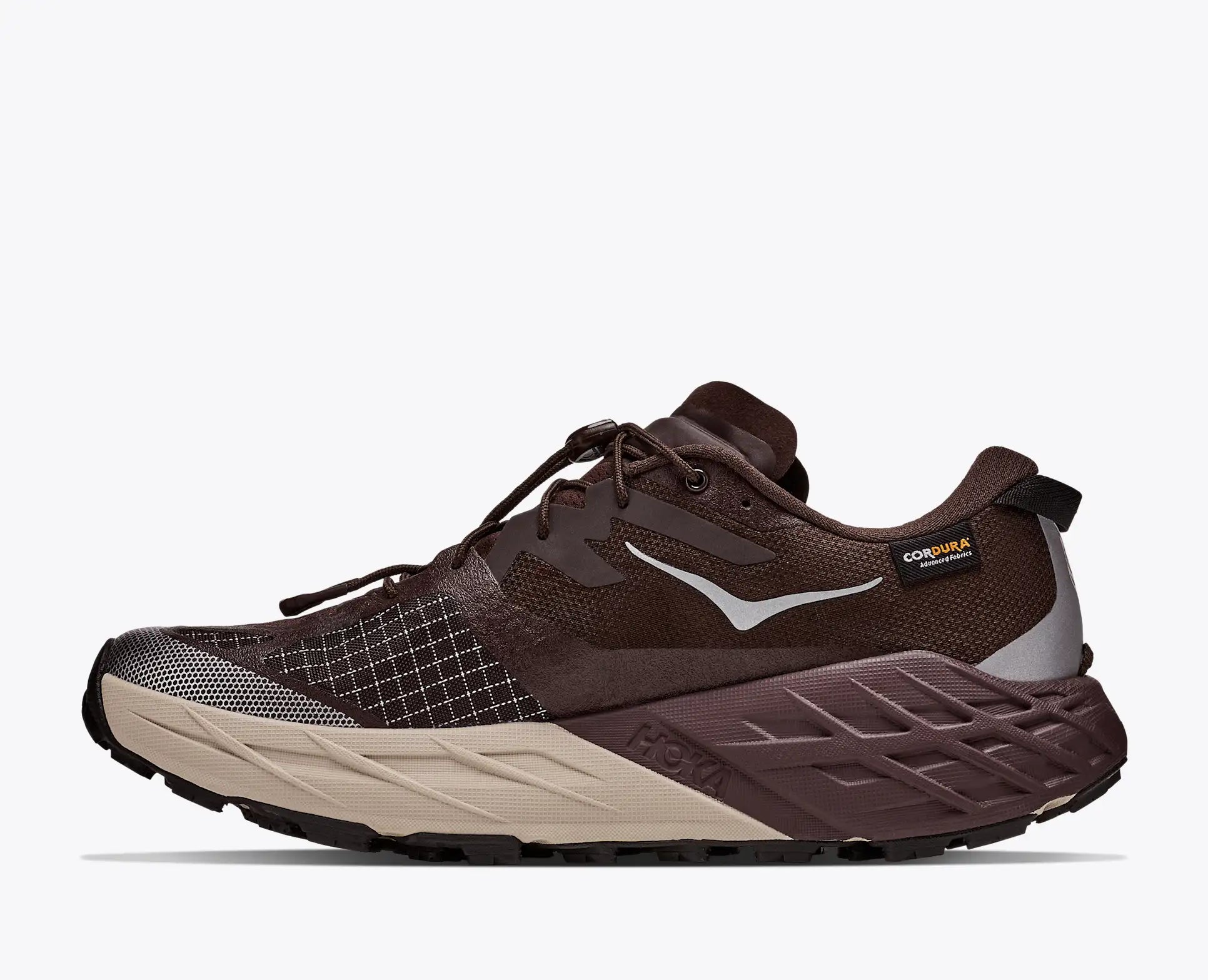 hoka speedgoat gtx 7 mens, waterproof technical trail shoe, brown with tan details, inside profile of shoe