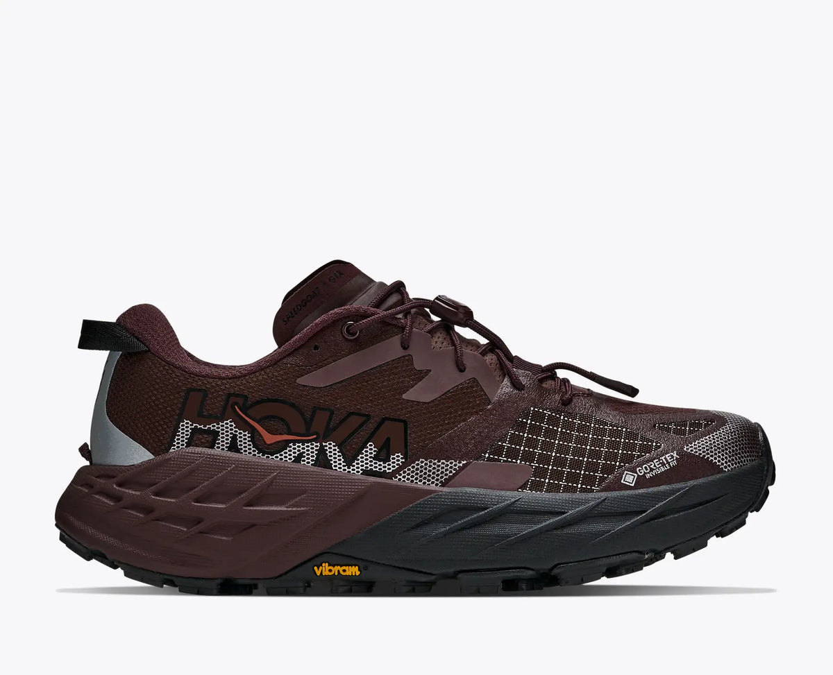 hoka speedgoat gtx 7 womens, waterproof technical trail shoe, brown with tan details, side profile of shoe