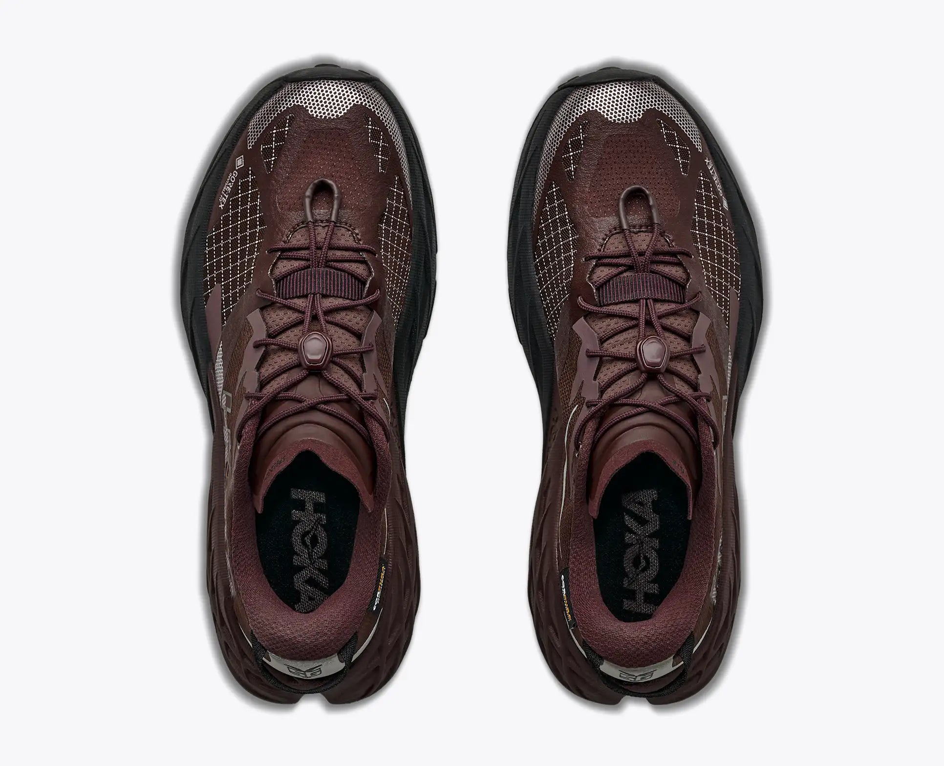 hoka speedgoat gtx 7 womens, waterproof technical trail shoe, brown with tan details, top down view of shoes