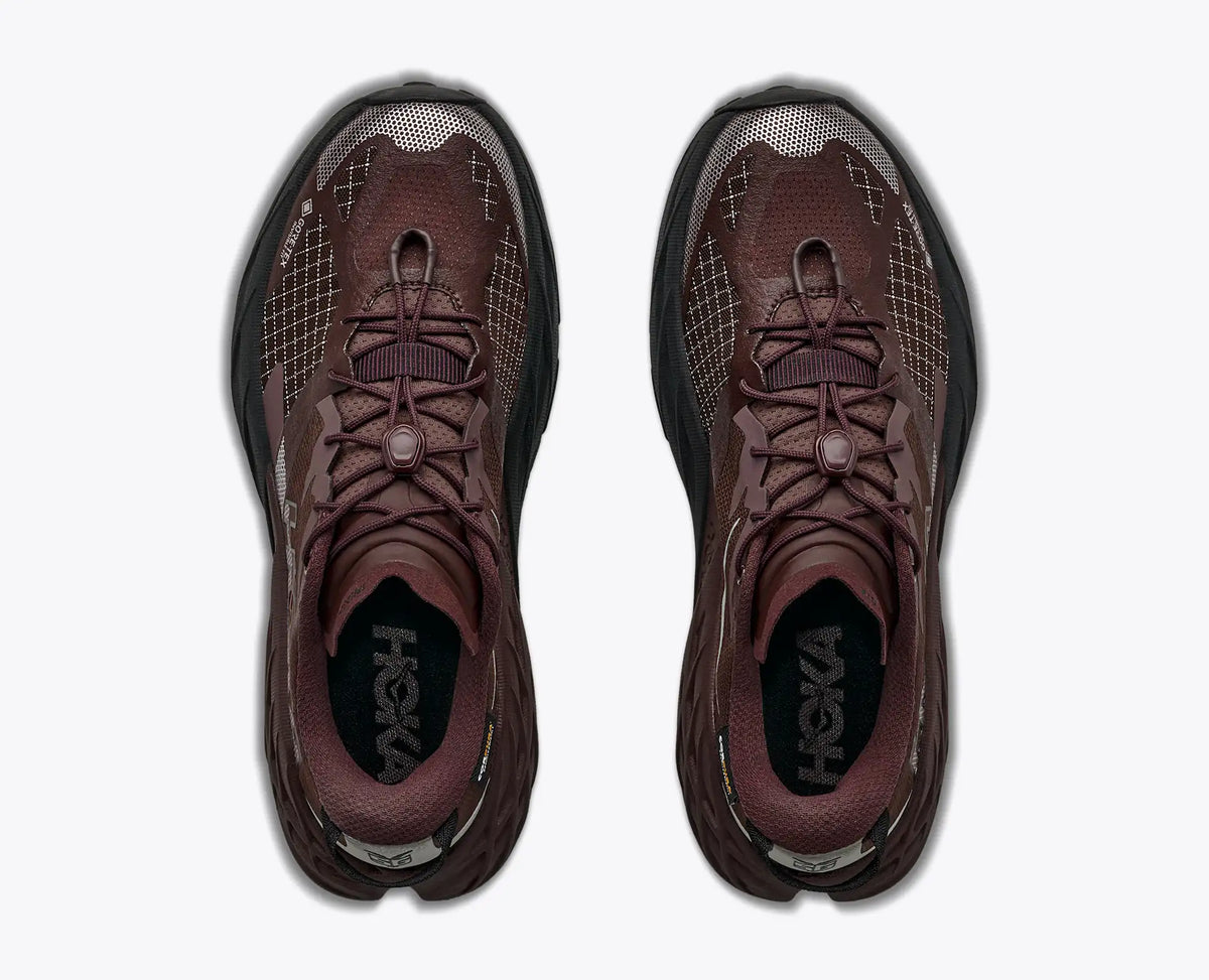 hoka speedgoat gtx 7 womens, waterproof technical trail shoe, brown with tan details, top down view of shoes