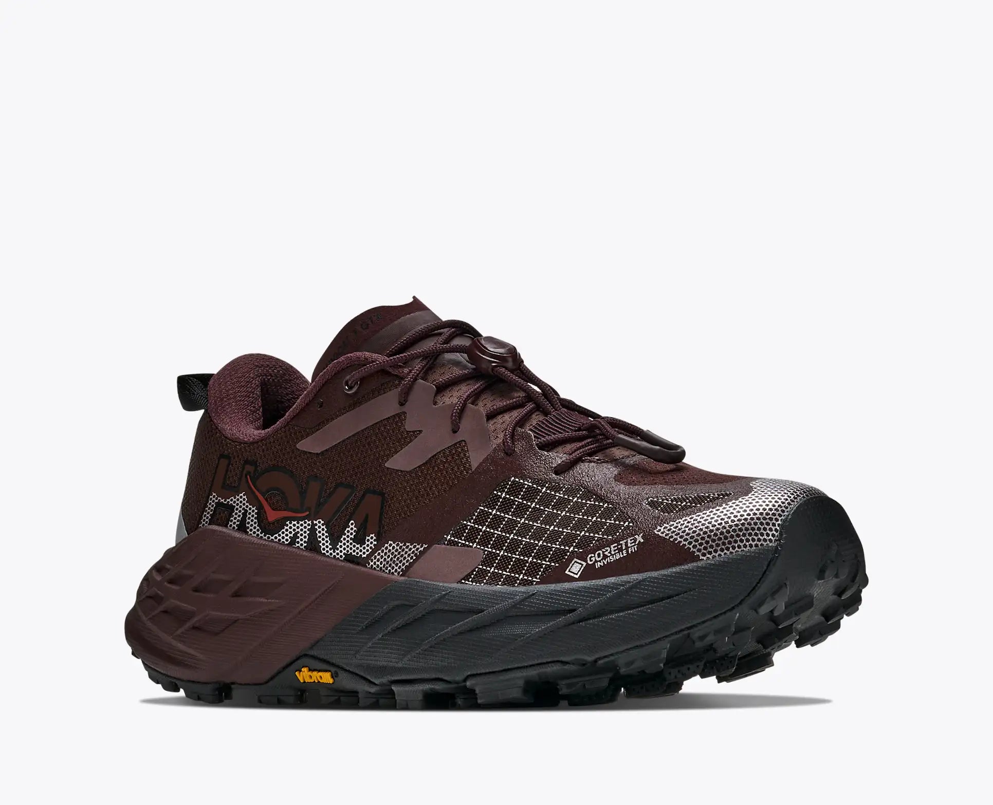 hoka speedgoat gtx 7 womens, waterproof technical trail shoe, brown with tan details, side angled profile of shoe