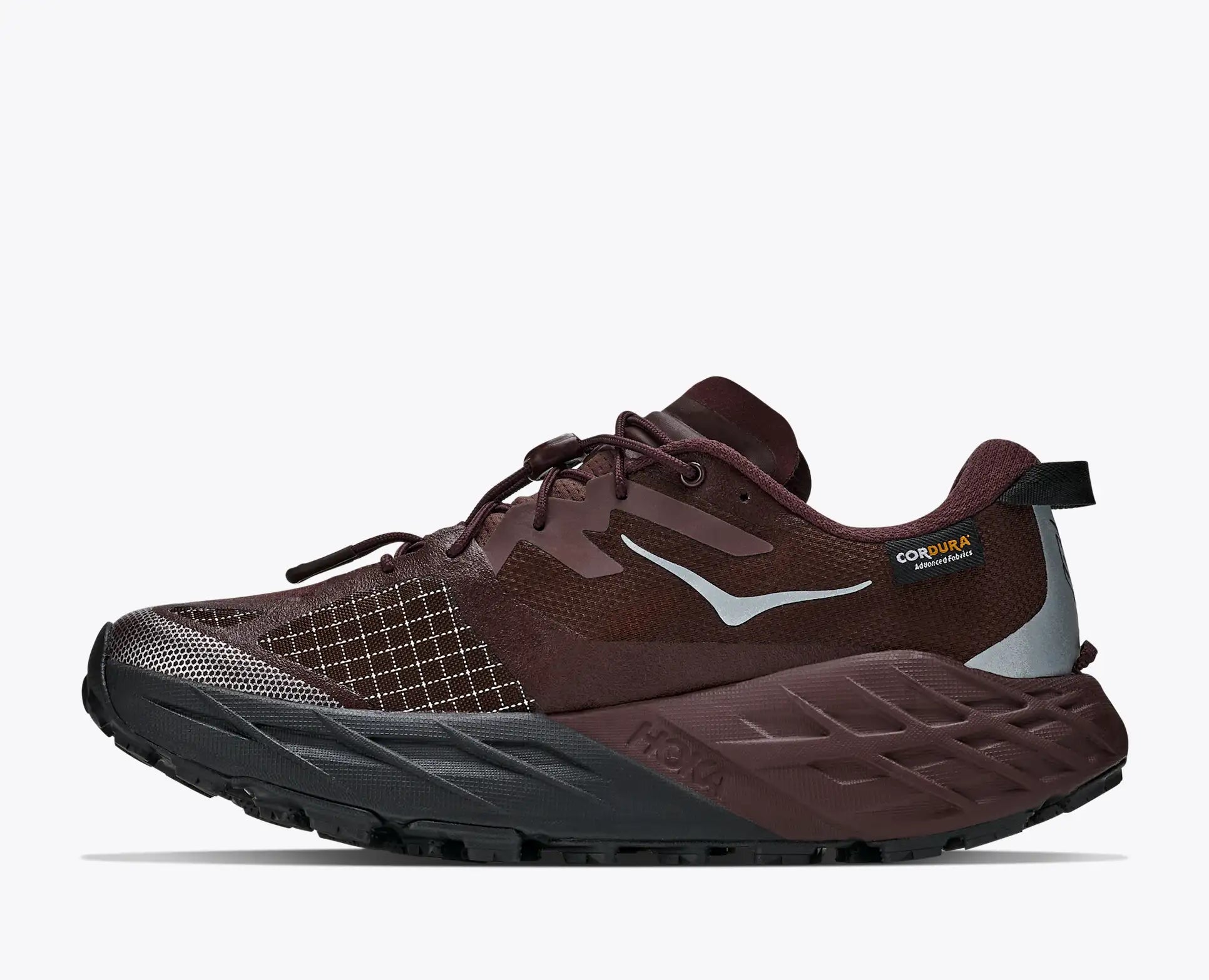 hoka speedgoat gtx 7 womens, waterproof technical trail shoe, brown with tan details, inside profile of shoe