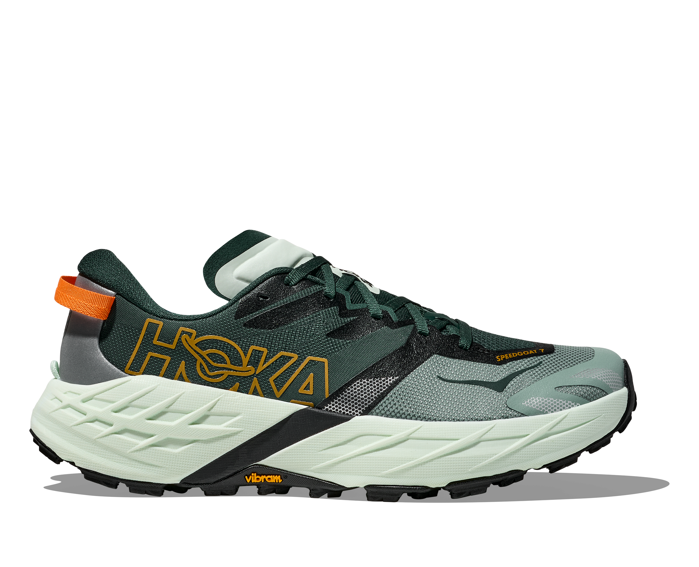 side view of hoka speedgoat 7 trail runners for men in bay leaf, sea glass colour