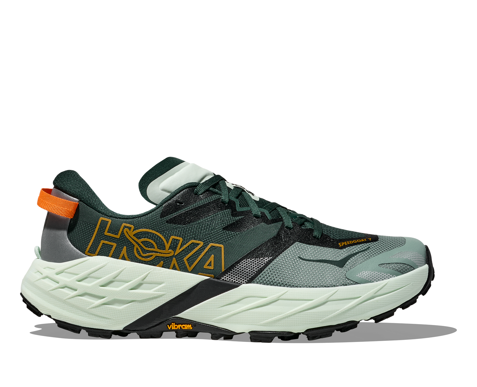 side view of hoka speedgoat 7 trail runners for men in bay leaf, sea glass colour