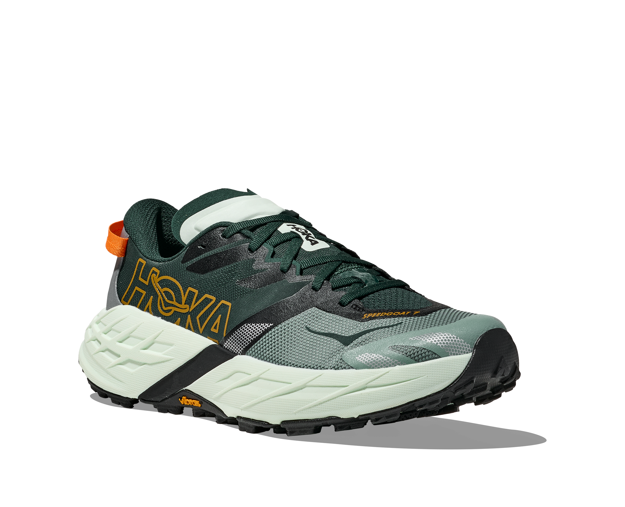 side view of hoka speedgoat 7 trail runners for men in bay leaf, sea glass colour