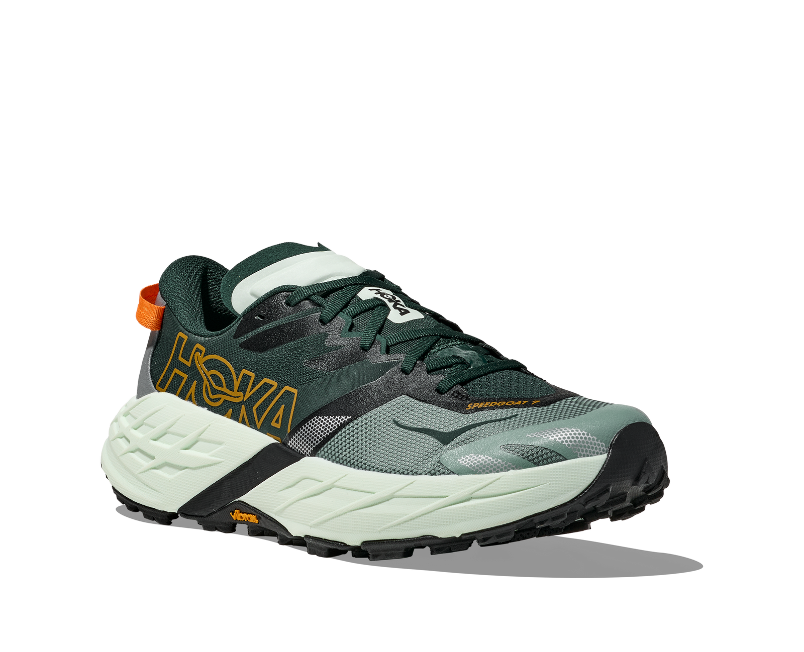 side view of hoka speedgoat 7 trail runners for men in bay leaf, sea glass colour
