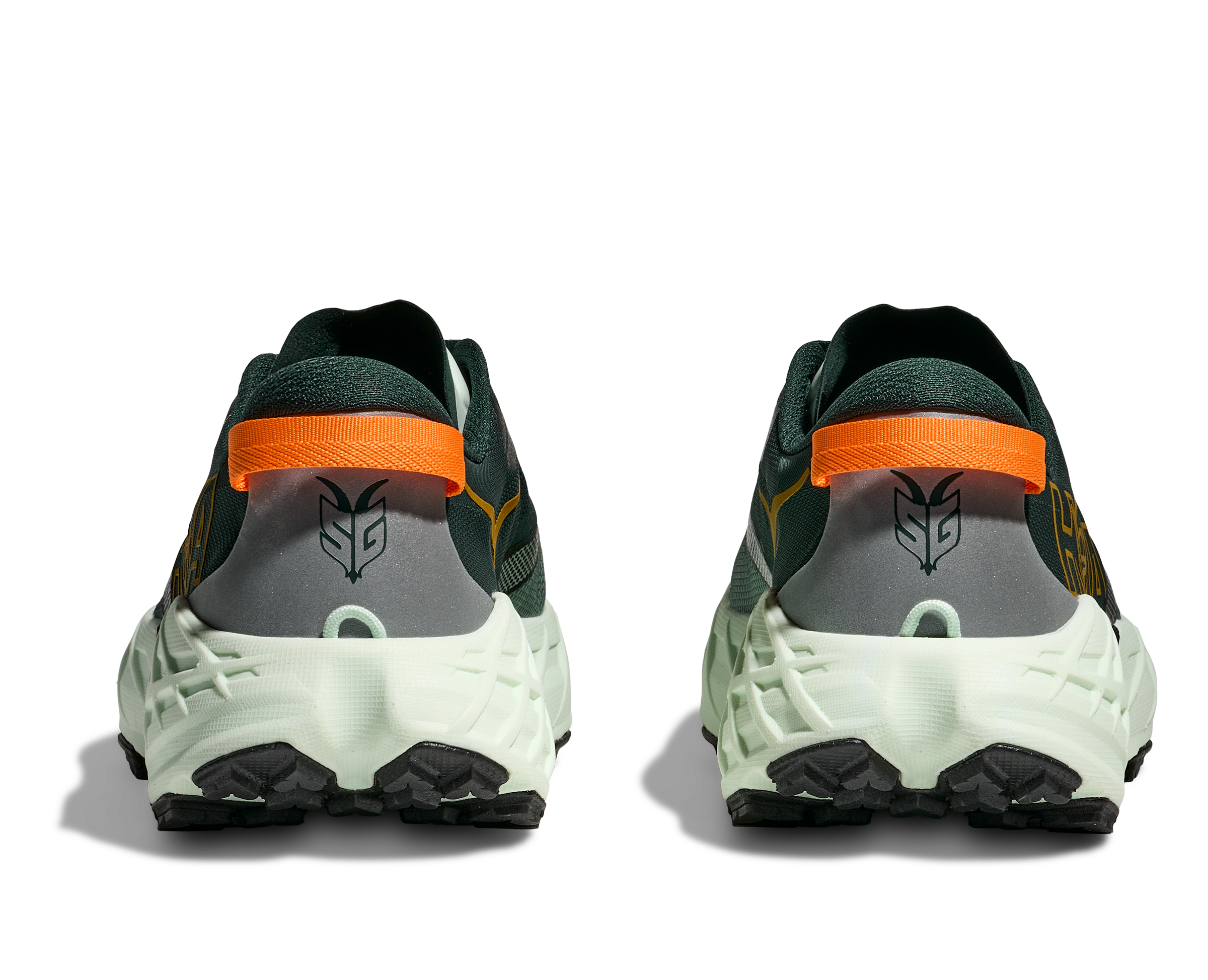 pair of hoka speedgoat 7 trail runners for men in bay leaf, sea glass colour, showing back heel