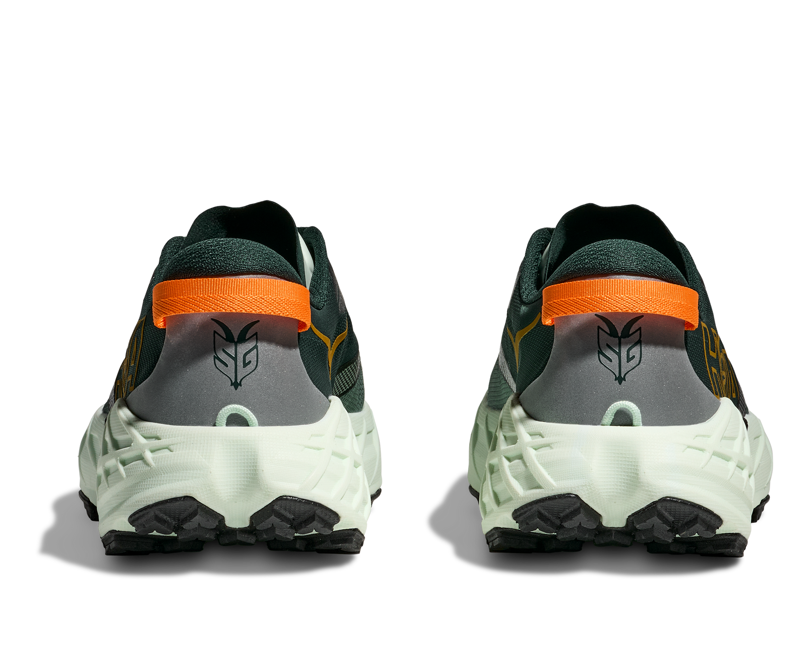 pair of hoka speedgoat 7 trail runners for men in bay leaf, sea glass colour, showing back heel