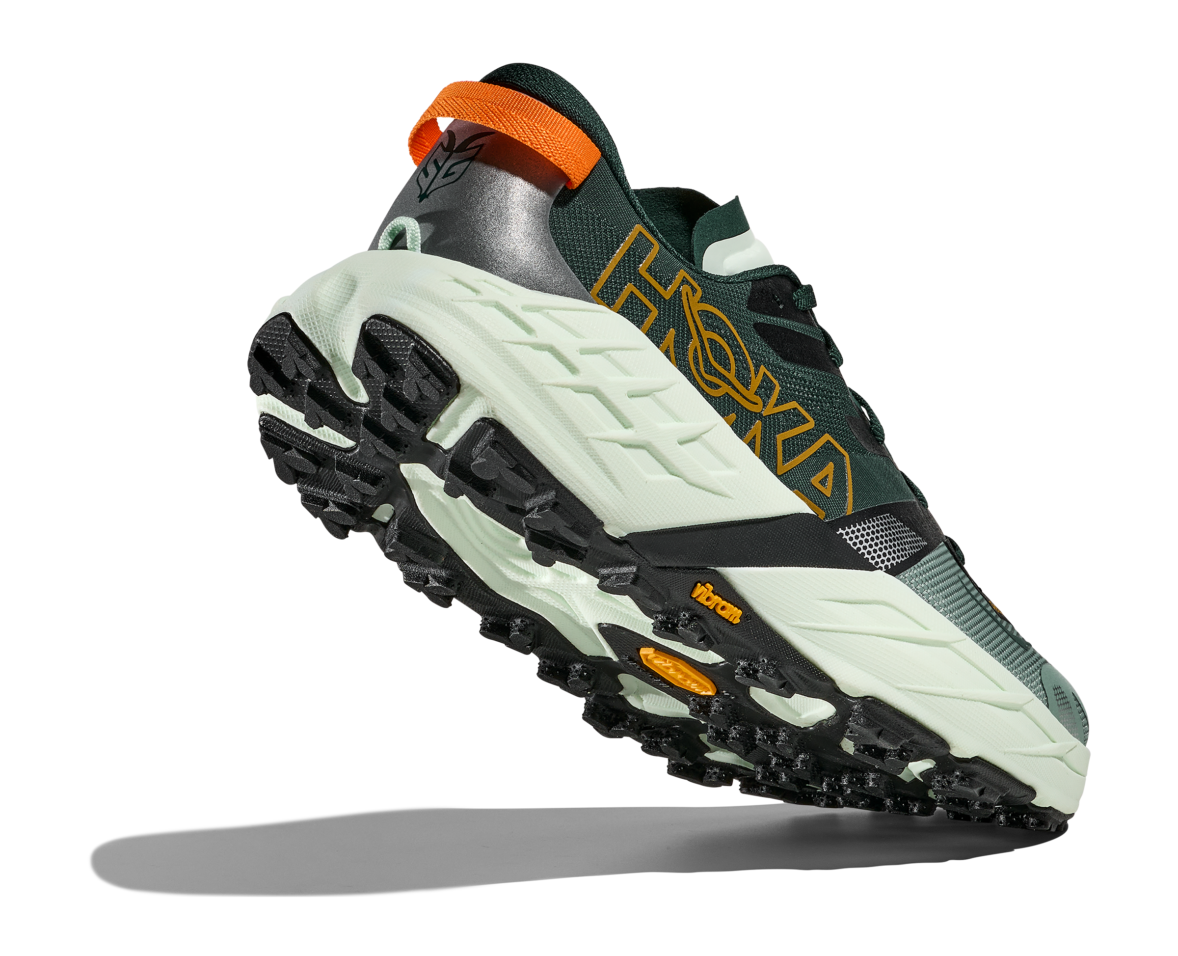 pair of hoka speedgoat 7 trail runners for men in bay leaf, sea glass colour showing side and lugs