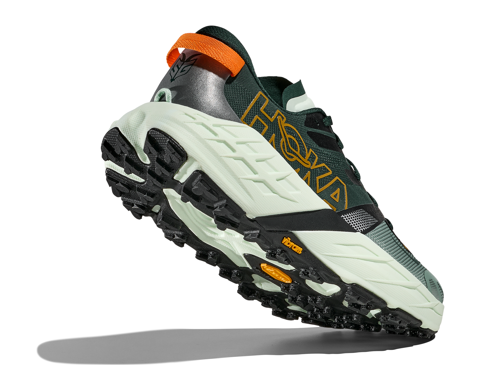 pair of hoka speedgoat 7 trail runners for men in bay leaf, sea glass colour showing side and lugs