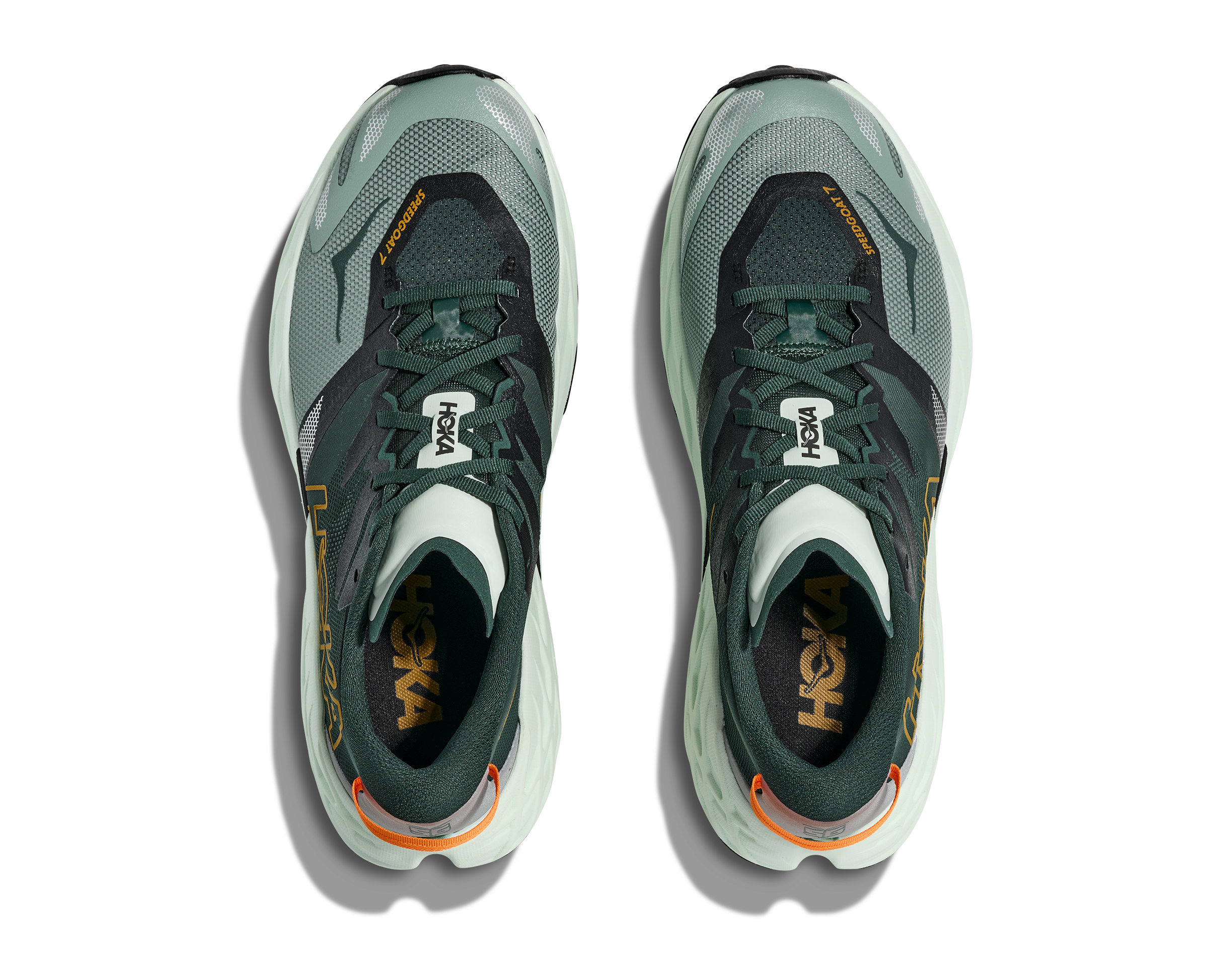 pair of hoka speedgoat 7 trail runners for men in bay leaf, sea glass colour