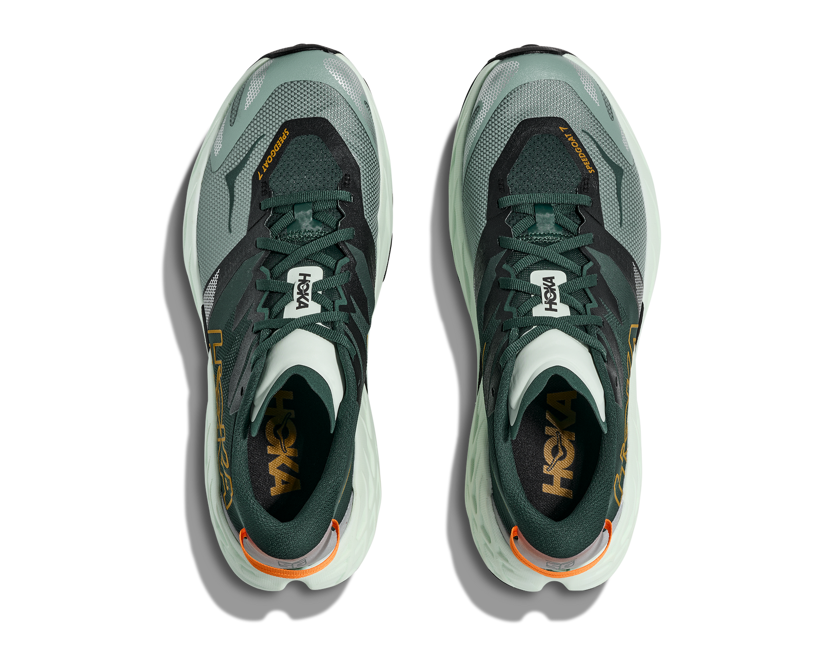 pair of hoka speedgoat 7 trail runners for men in bay leaf, sea glass colour