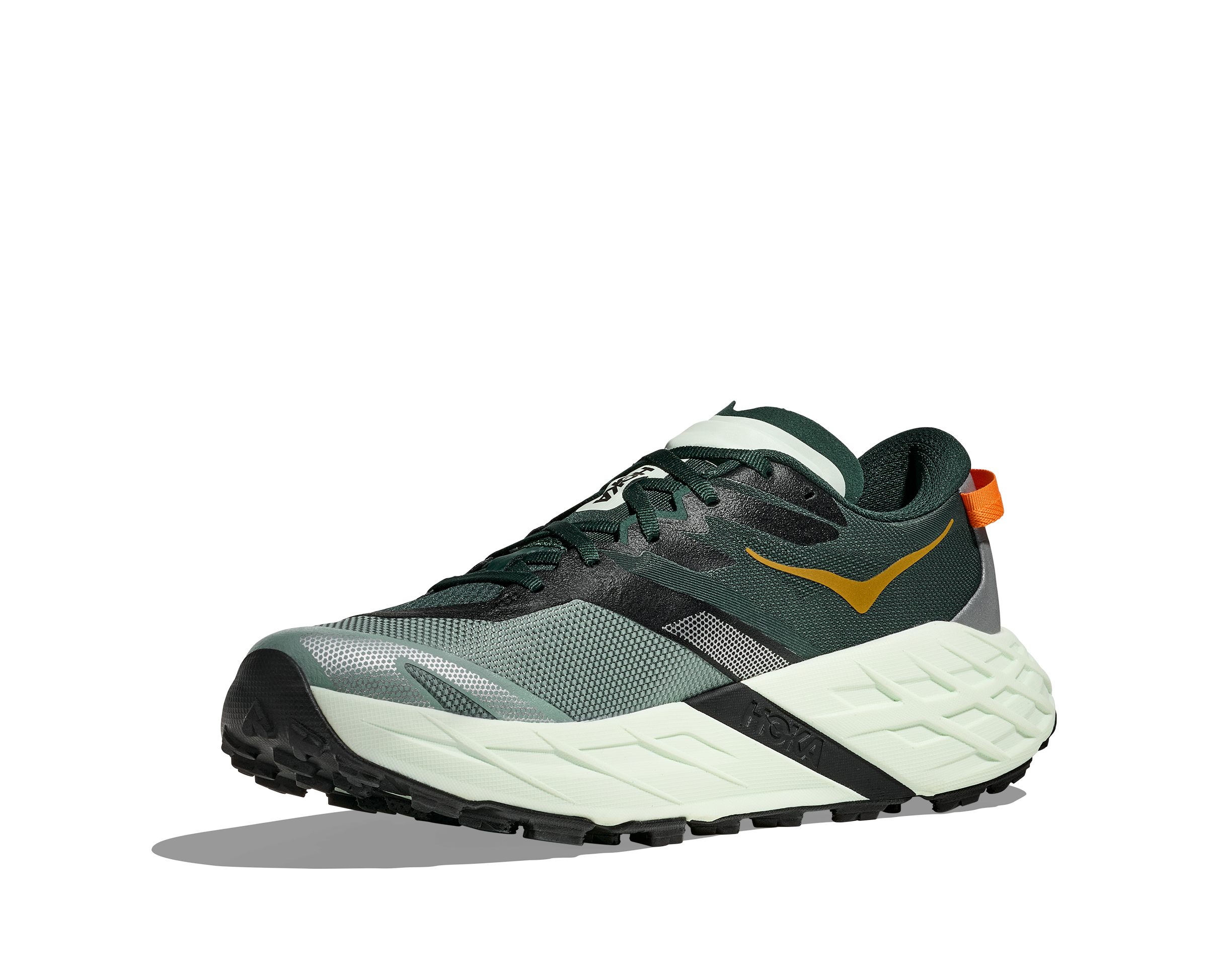 side view of hoka speedgoat 7 trail runners for men in bay leaf, sea glass colour