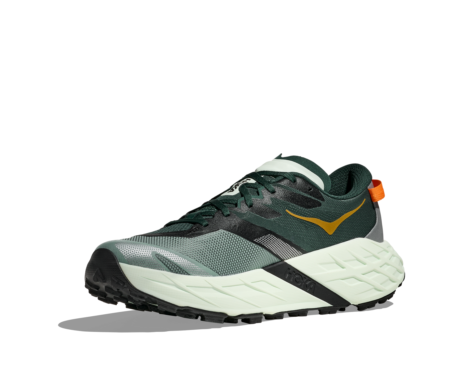 side view of hoka speedgoat 7 trail runners for men in bay leaf, sea glass colour