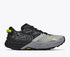 hoka speedgoat 7 for men, trail running shoe with vibrum sole, grey and black with lime green details, side profile of shoe