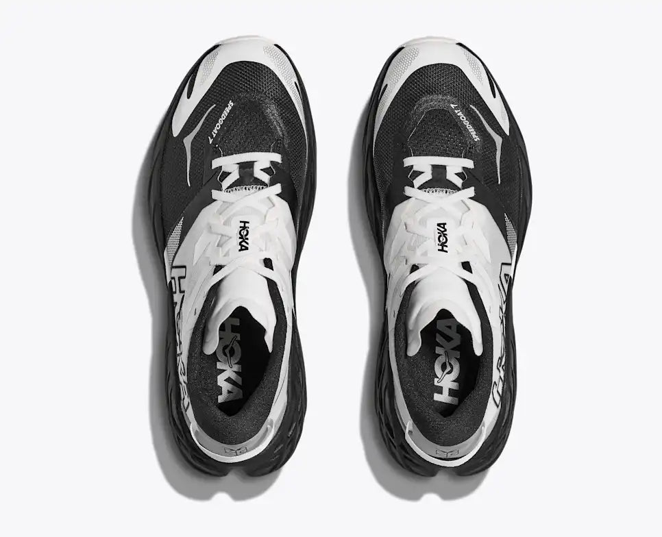top view of hoka speedgoat 7 trail runners for men in black, white colour