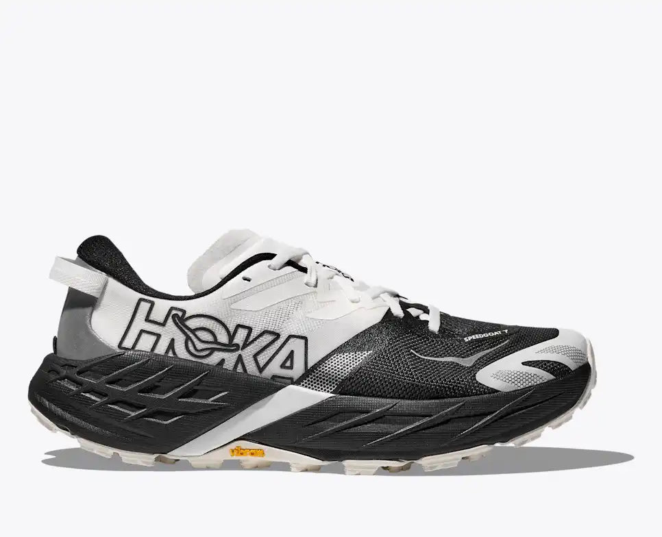 side view of hoka speedgoat 7 trail runners for men in black, white colour